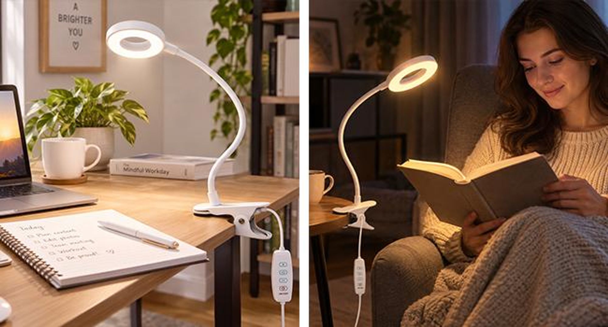 KRUMAD Leselampe, Leselampe mit Klemme, LED Klemmleuchte für Bett und Schreibtisch, 48 LEDs, 3 Lichtmodi, 10 Helligkeitsstufen, USB, Weiß