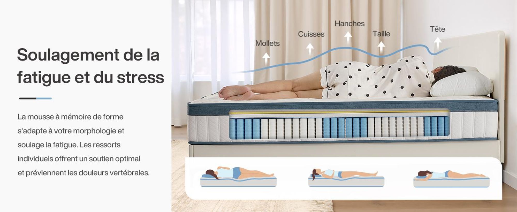 Matelas Tribesigns 180 x 200 cm, hauteur 22 cm, matelas à ressorts ensachés 7 zones H3 moyen, matelas orthopédique à ressorts avec housse Lyocell respirante