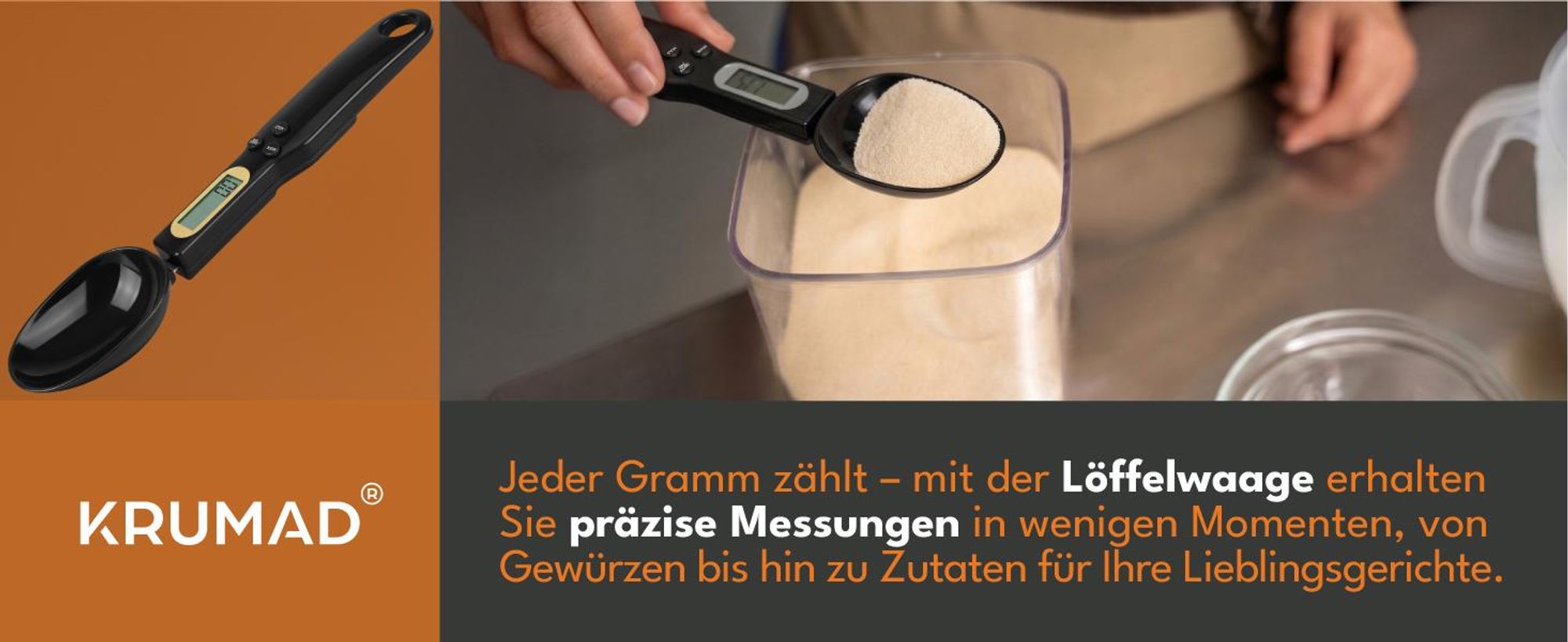 KRUMAD Digitale Löffelwaage 0,1 g präzise bis 500 g, Küchenwaage mit LCD Display, Messlöffel Gramm, Feinwaage für Gewürze, Backen & Kochen