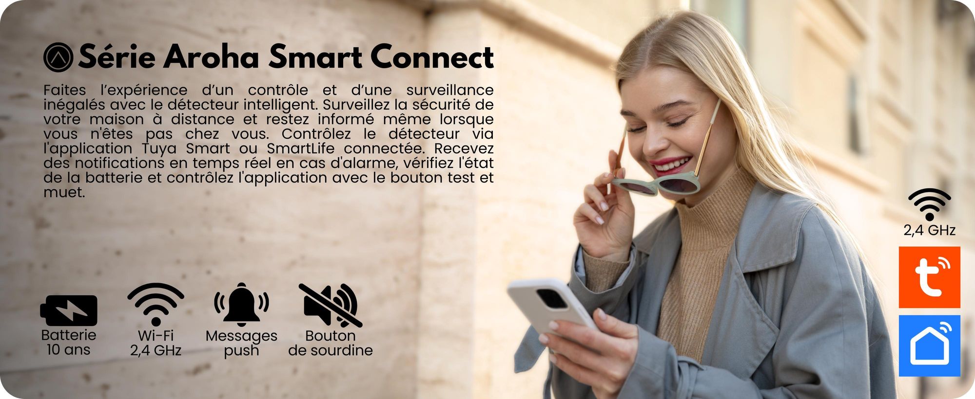 Aroha Smart Connect Détecteur Combiné avec Fumée & Monoxyde de Carbone Connecte - Batterie 10 Ans - Alarme Incendie & CO, Tuya, Smartlife - 2 pièces