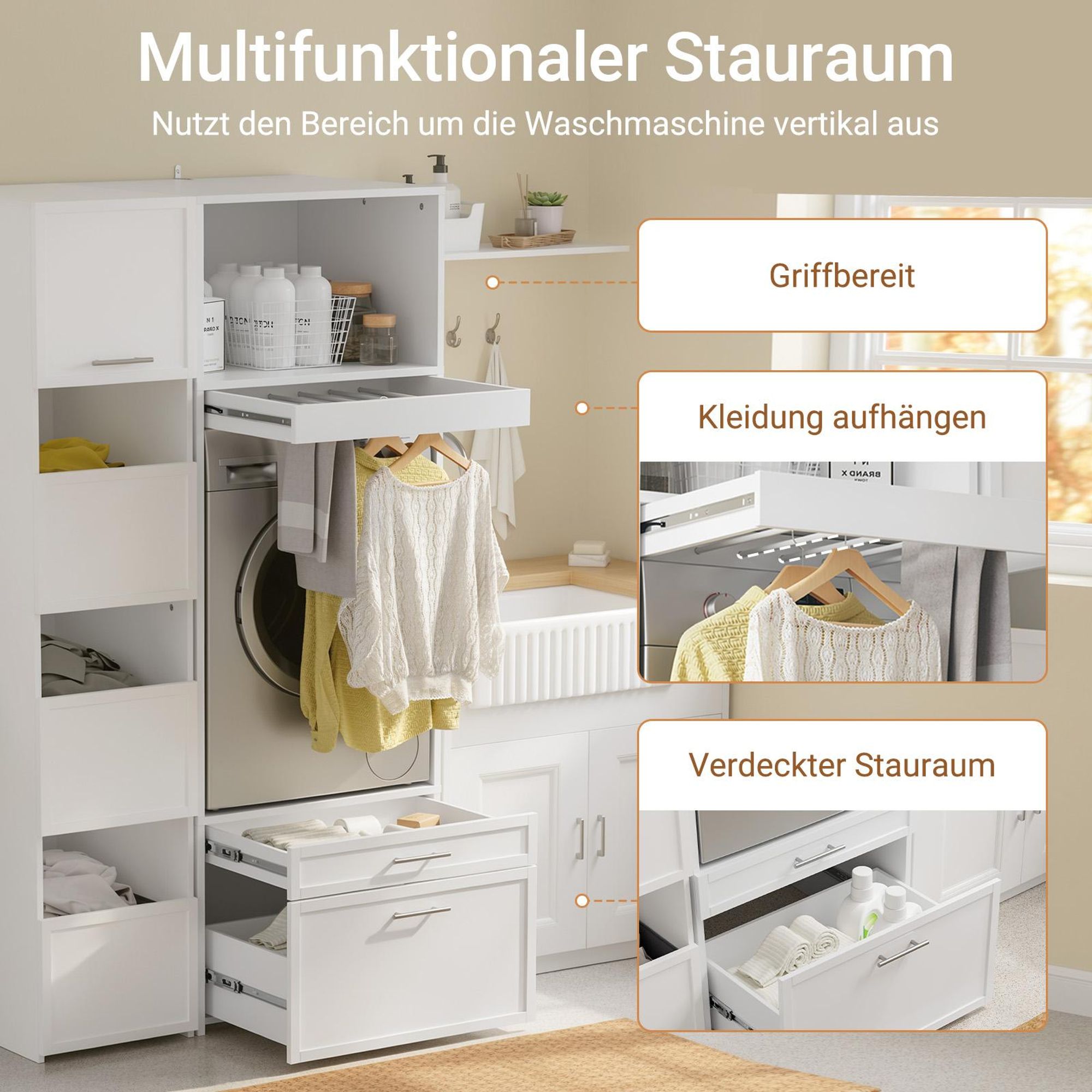 SoBuy Waschmaschinen-Unterschrank mit Schubladen und Auszugsbrett, Wäschekommode, Weiß Hoher schmaler Schrank mit BZR230-W