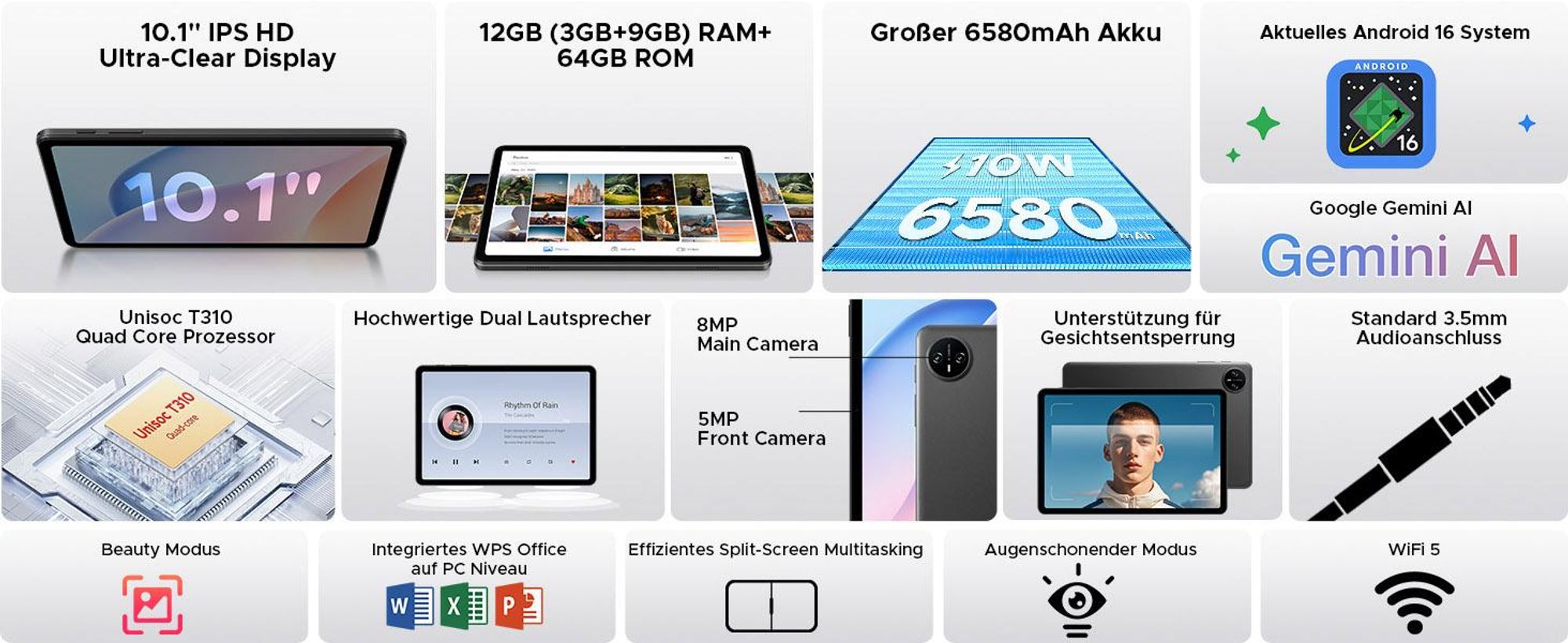 DOOGEE TAB A9 - Tablet,Android 16, 10,1 Zoll, 12(3+9)GB RAM+64GB(bis 2TB erweiterbar), WiFi 5,Doppellautsprecher