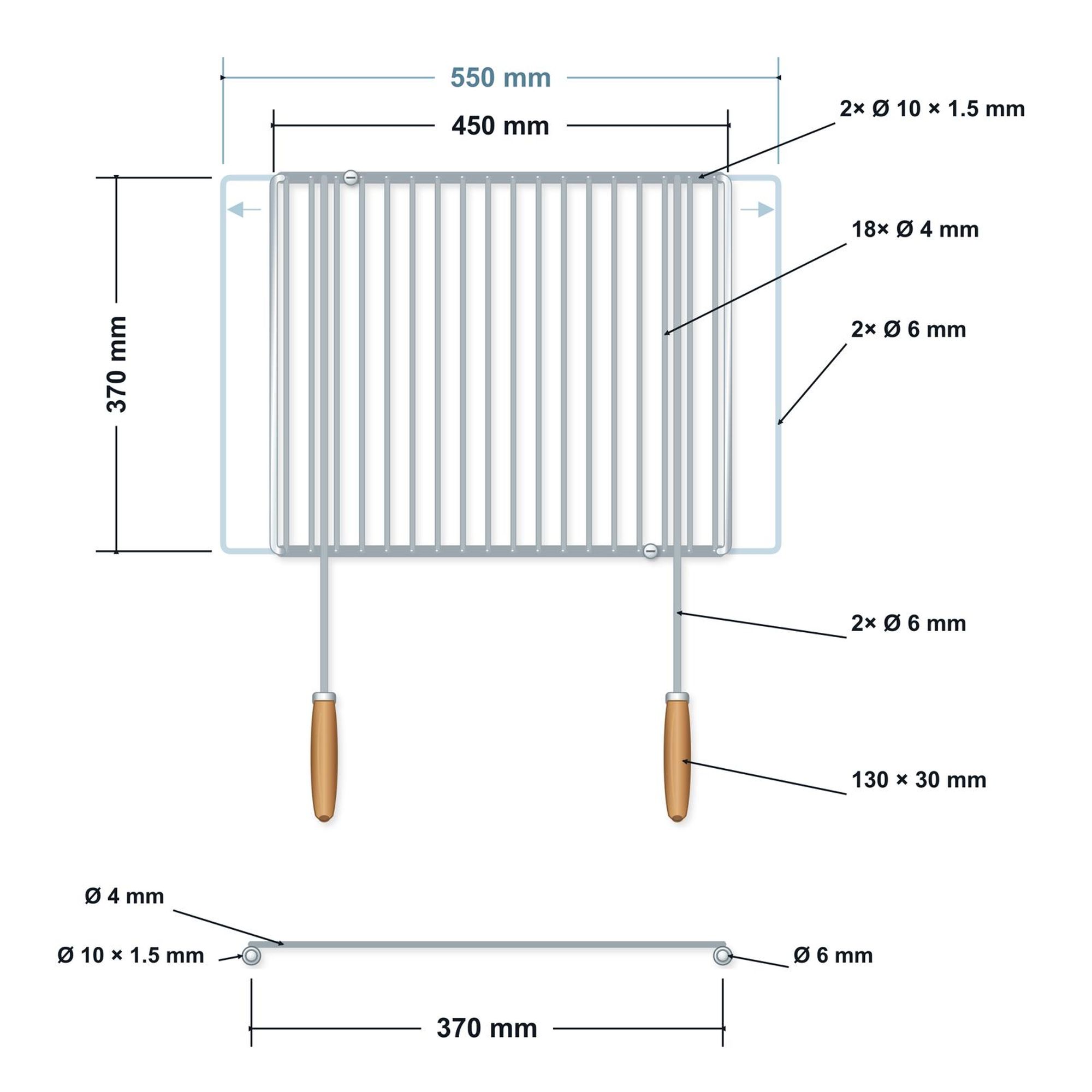DEOS Verstellbarer Grillrost aus Edelstahl 45–55 × 37 cm mit Holzgriffen – technische Zeichnung
