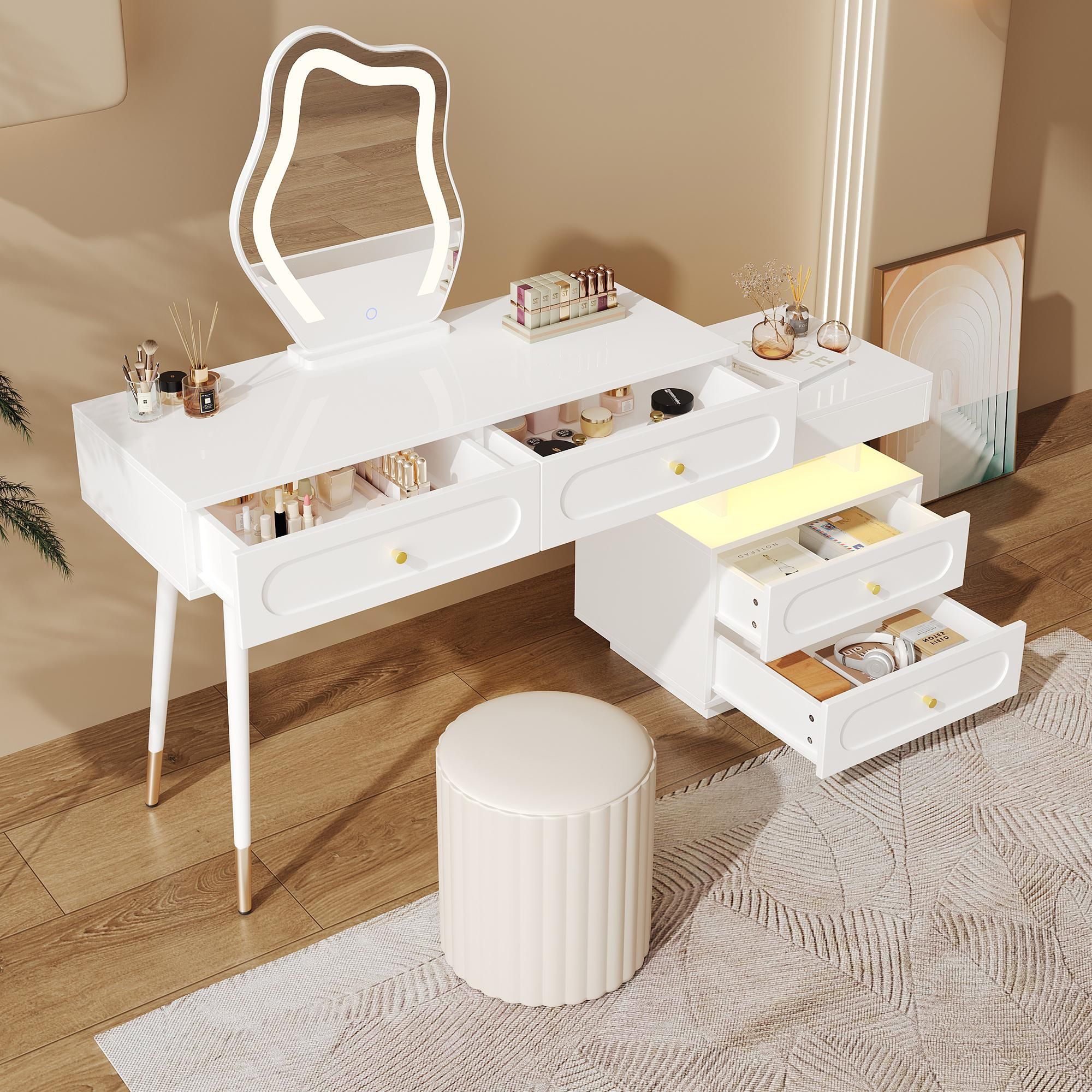 okwish Frisiertisch Schminktisch mit LED-Spiegel und Beleuchtung,Kosmetiktisch mit 4 geräumigen Schubladen und Wandverriegelungen,Touchscreen-Design,Weiß