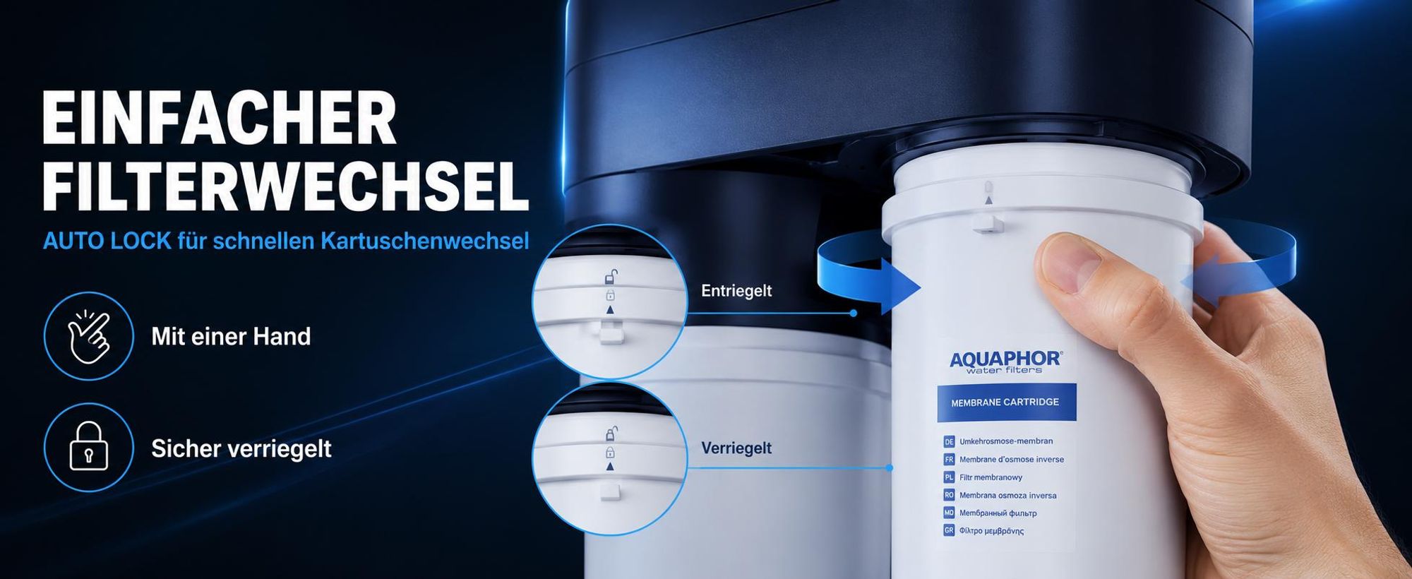 AQUAPHOR RO-102S Umkehrosmoseanlage mit 1 Wege Wasserhahn Trinkwasserfilter Reverse Osmosis System 100 GPD Membran für 380 Liter am Tag