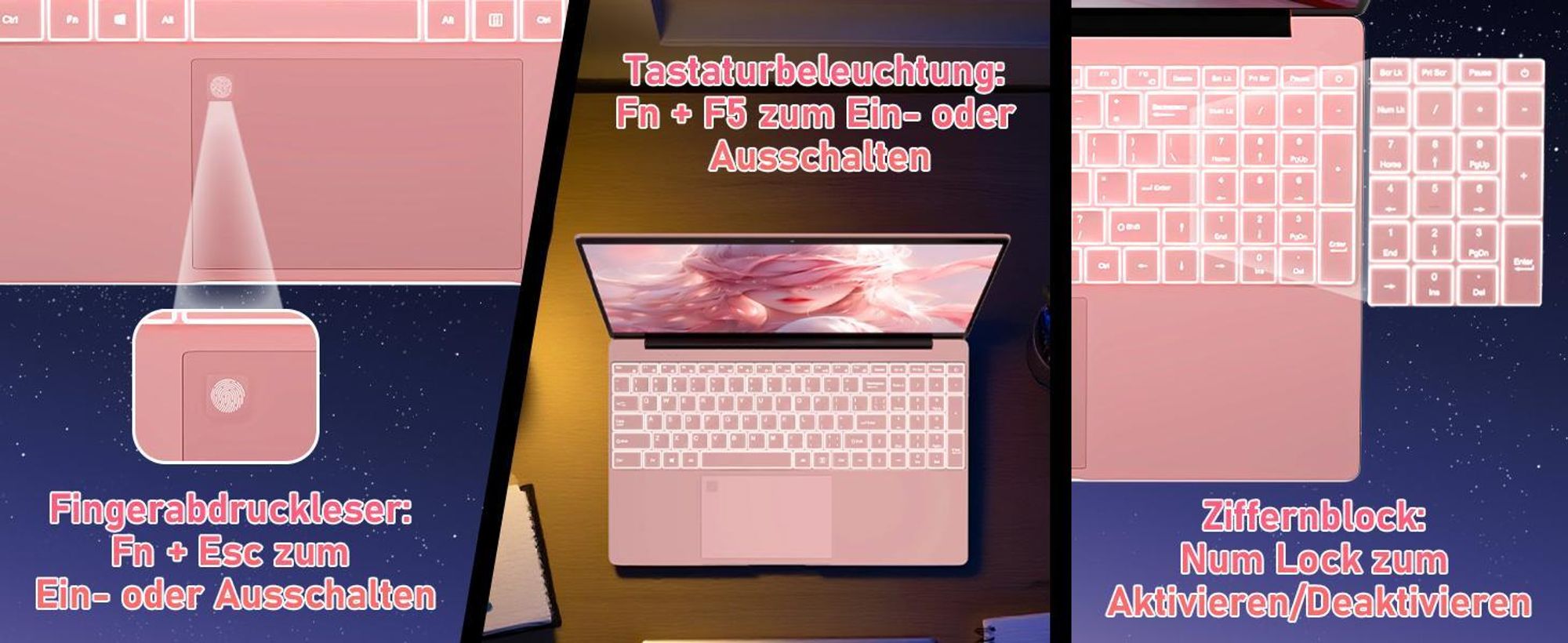 Molegar 15.6" Pink Laptop, 5205U, FHD, 8GB DDR4, 256GB PCIe SSD, Backlit KB, Fingerprint, 180° Hinge, 6000mAh Battery, Webcam, WiFi 5, USB 3.0, Rosa