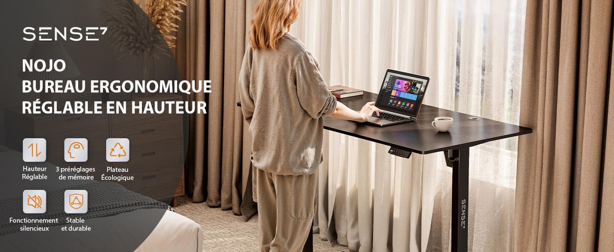 Sense7 Nojo : bureau électrique réglable en hauteur, 120 cm, blanc, bureau gaming, ergonomique, bureau assis-debout, fonction mémoire, bureau pour PC à domicile, silencieux