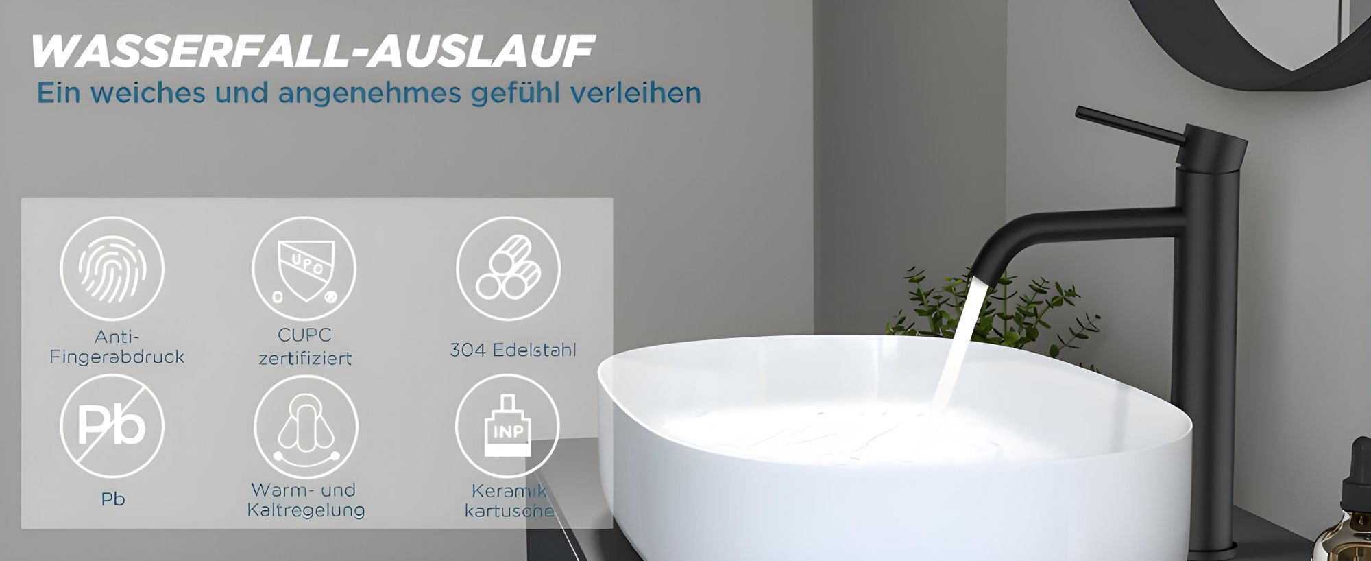 Wasserhahn Bad aus 304 Edelstahl, Auslaufsicher Keramikkartusche, Langlebig Armatur, Spritzfrei, Große Durchflussmenge und Hochdruck, für Bad, Küche