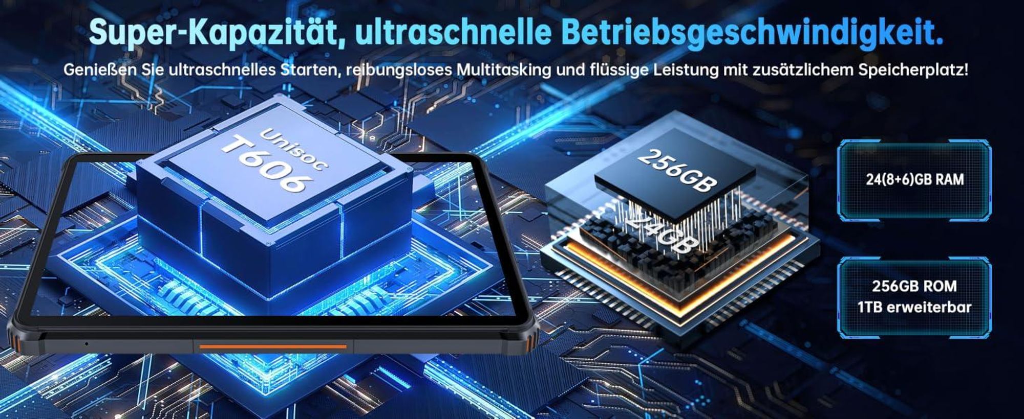 OUKITEL RT9 Outdoor Tablet Android 14, 11000mAh 24GB(6+18) RAM + 256GB ROM Tablet 10.1" FHD+,  Gaming Tablet, Dual SIM 4G GPS OTG IP68/IP69K, Schwarz