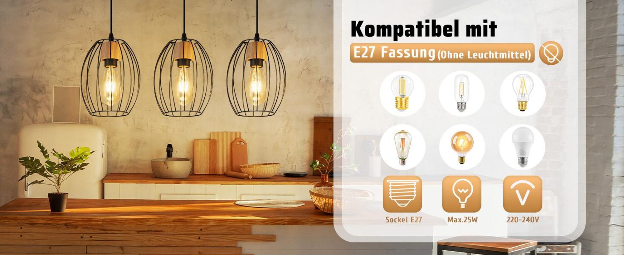 ZMH Hängelampe Vintage Pendelleuchte Esstisch - 3 flammig Esstischlampe Hängend Schwarz Hängeleuchte Metall & Holz E27 Retro Pendellampe für Wohnzimmer Schlafzimmer Küche (Ohne Leuchtmittel)