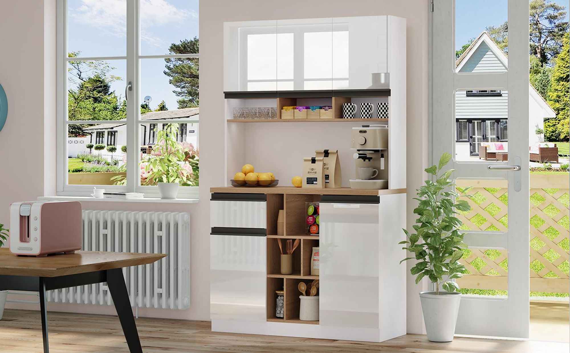 Küche Küchenschrank Hochschrank mit Hochglanztüren, Aufbewahrungsschrank mit verstellbaren Ablagen, Küchenbuffet Sideboard weiß