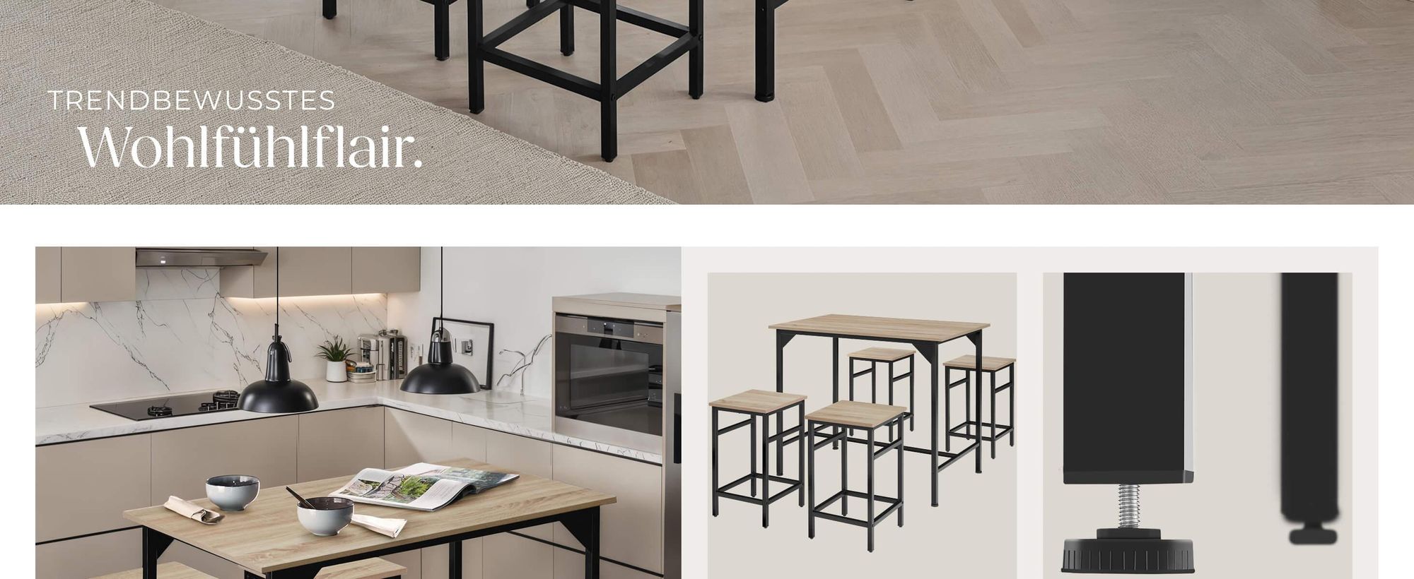 tectake® Bartisch-Set Edinburgh 5-teilig mit höhenverstellbaren Kunststofffüßen