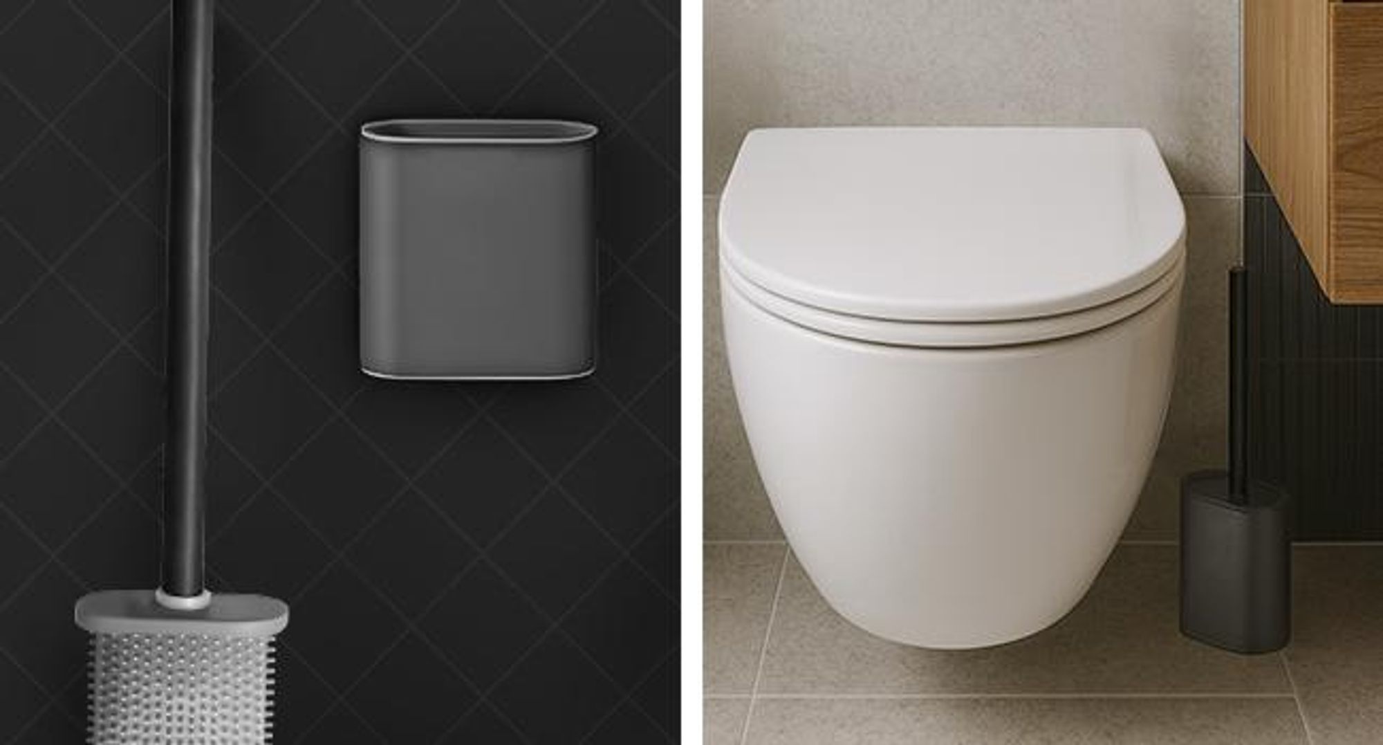 KRUMAD Silikon WC Bürste mit Halter, Toilettenbürste für Toilette, Klobürste mit Behälter, breite Bürstenkopf, Schwarz Grau, 25 cm