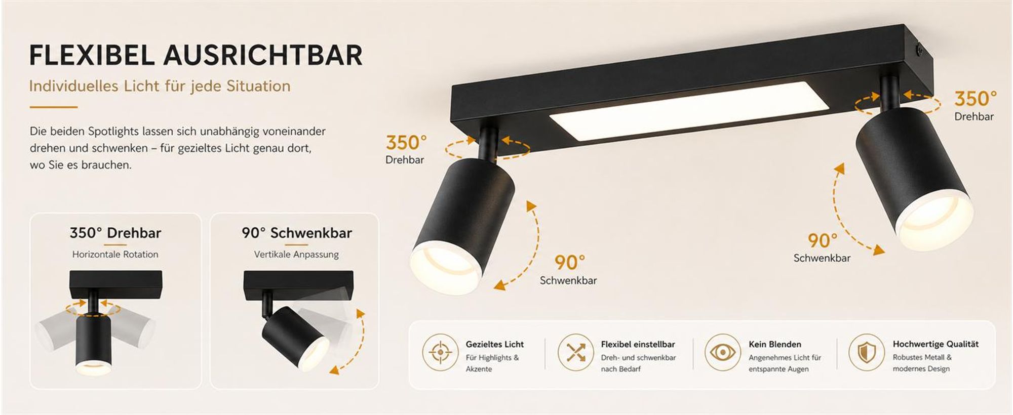 ZMH LED Deckenspot Deckenlampe 3000k Warmweiß 2 Flammig Deckenleuchte Schlafzimmerlampe 20W GU10 Strahler 350° für Küche Esszimmer Flur Schwarz