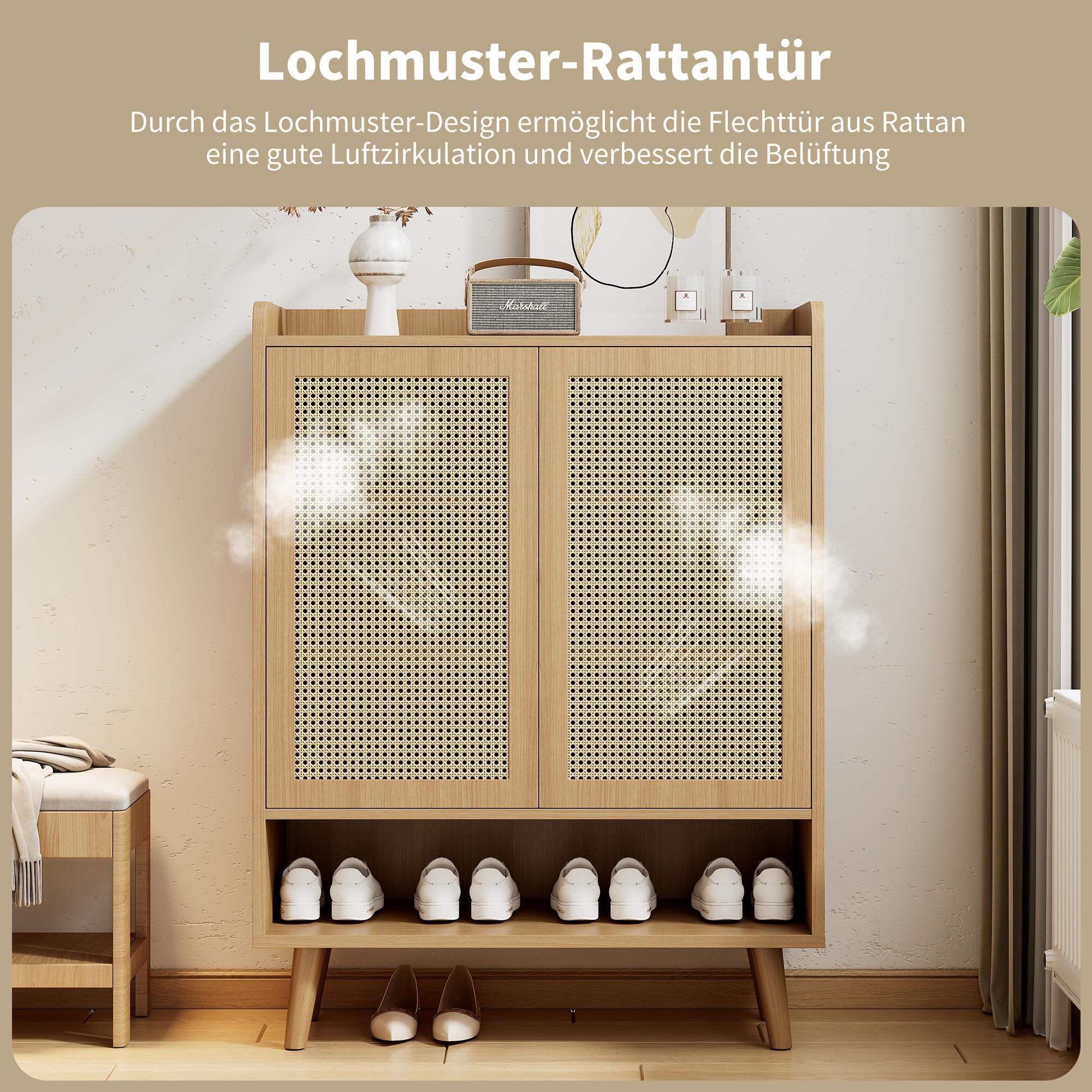 Merax Schuhschrank mit Rattantüren und Regalböden, Kommode Sideboard mit Holzgriffen und Massivholzbeinen, Rattan Wohnzimmerschränke, 80x105x35 cm
