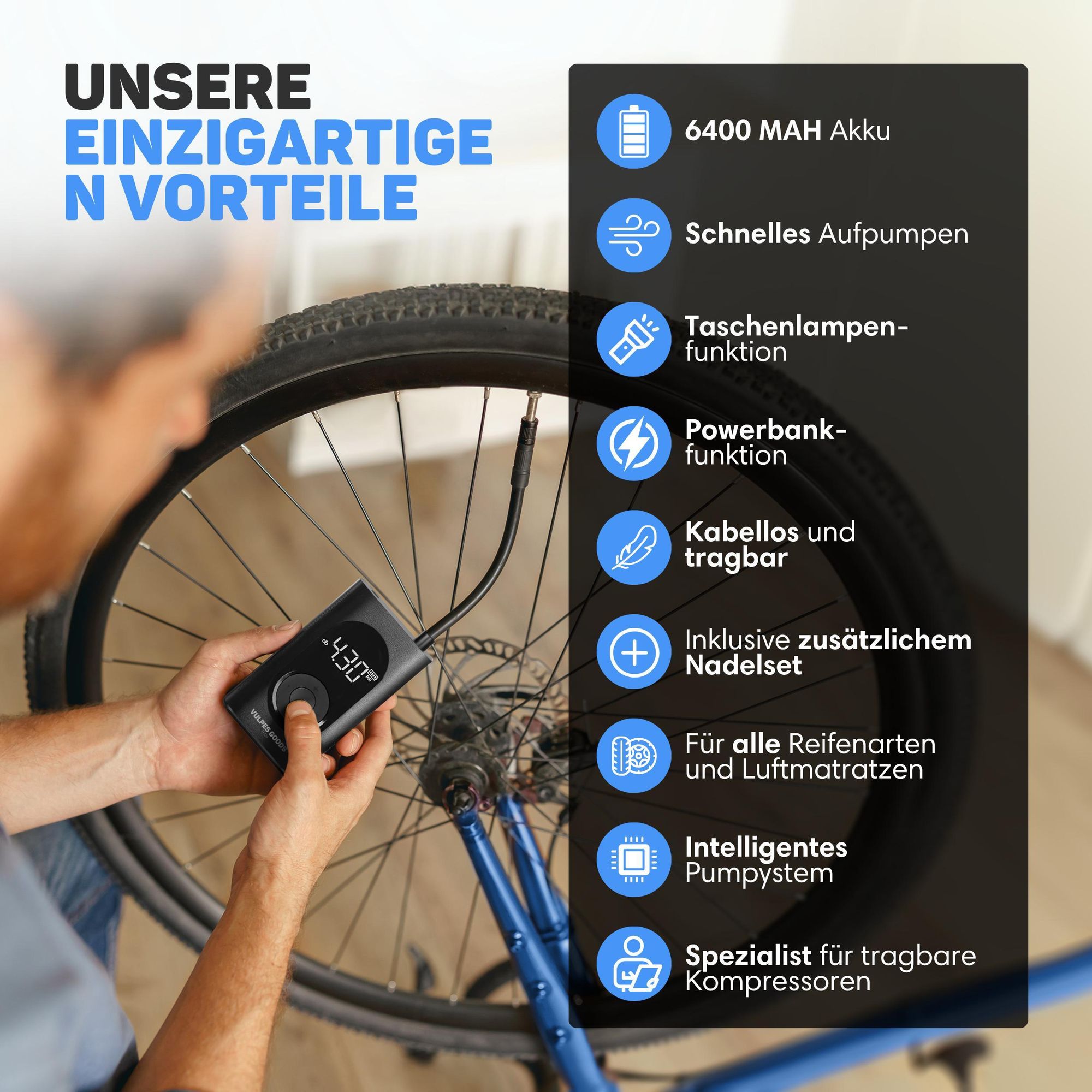 Vulpes Goods Luftkompressor, Tragbarer Kompressor, 6400mAh, Kompressor für Auto, Scooter, Fahrrad, Ball und Luftmatratze, Reisetasche, Mit 7 Aufsätzen