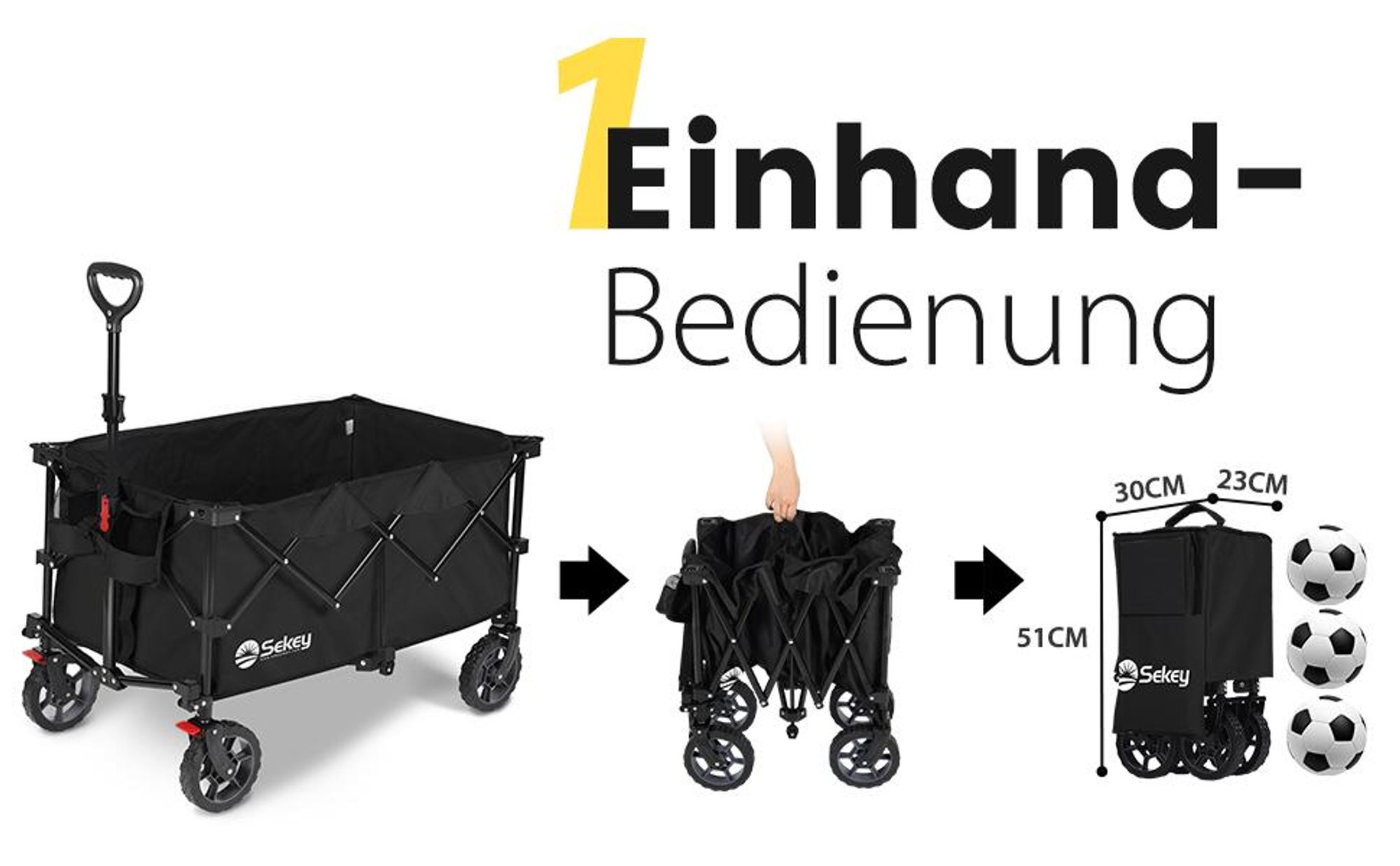 Sekey Bollerwagen faltbar 150 kg mit Bremsen, klappbarer Handwagen für Garten und Ausflug, Schwarz