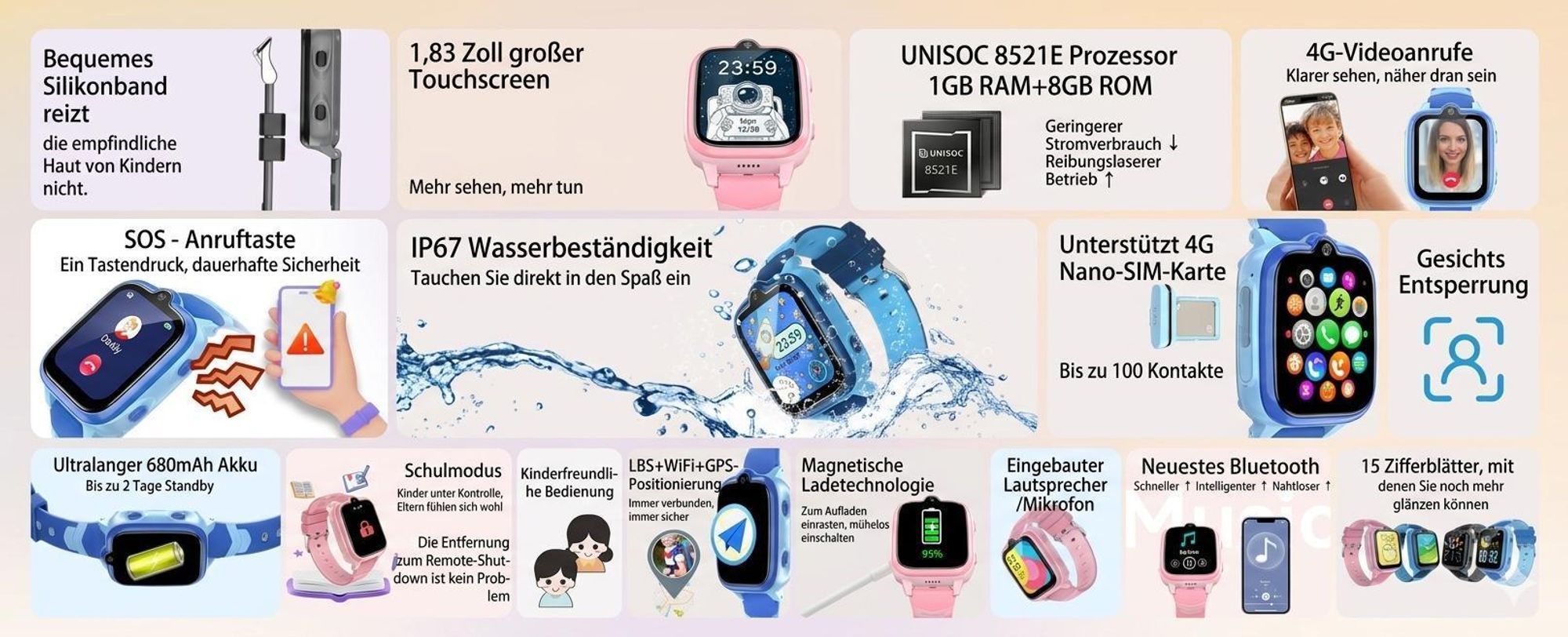 Blackview Z10 Kinderuhr smartwatch, GPS und 4G-Videoanrufe smartwatch, Bluetooth, IP67, 1.83" IPS, 1GB+8GB, 680mAh, Gravitysensor, LBS+WiFi+GPS, SOS