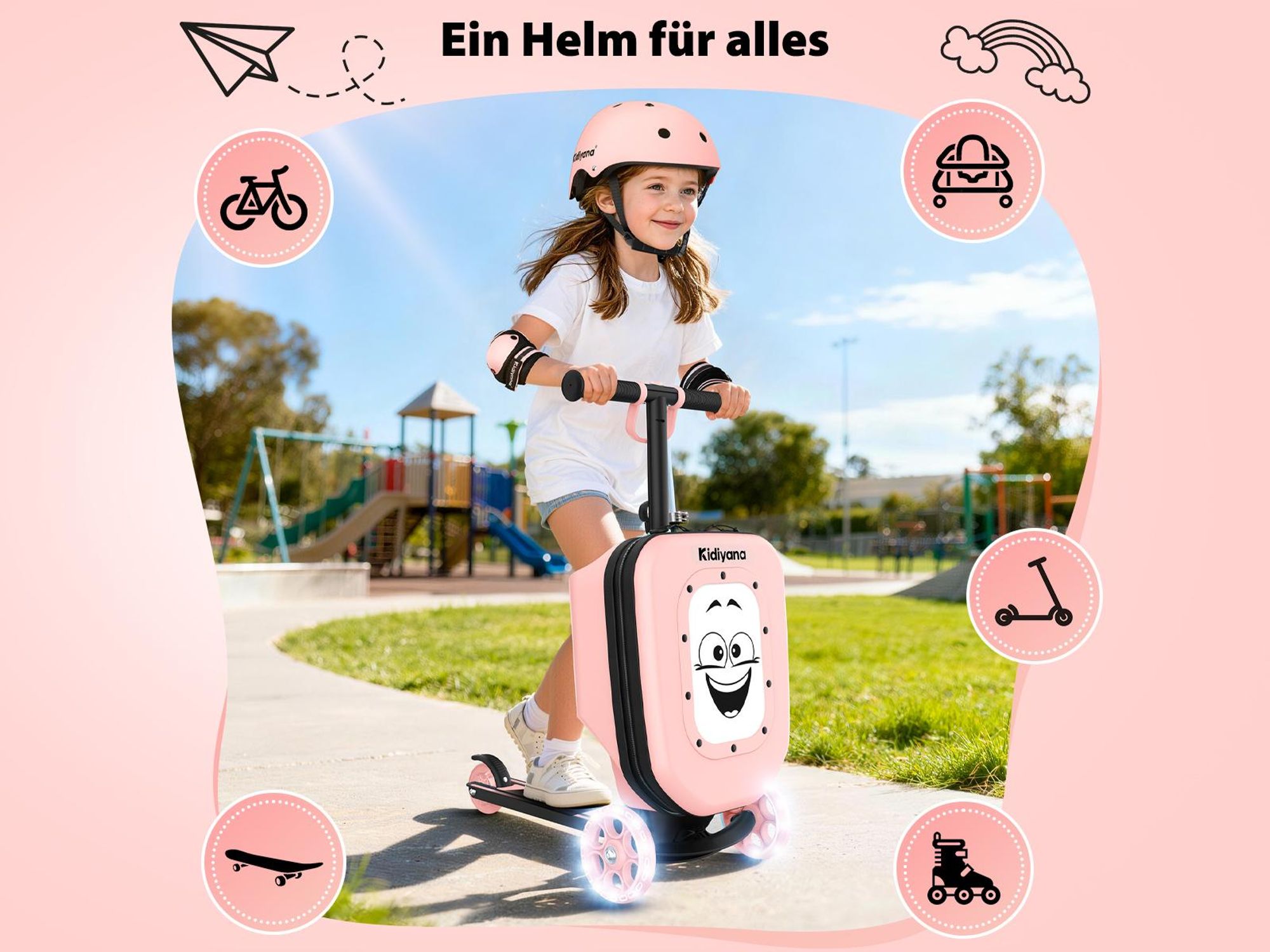 das bild zeigt den helm samt weitere produkte von kidiyana an, im freien, park
