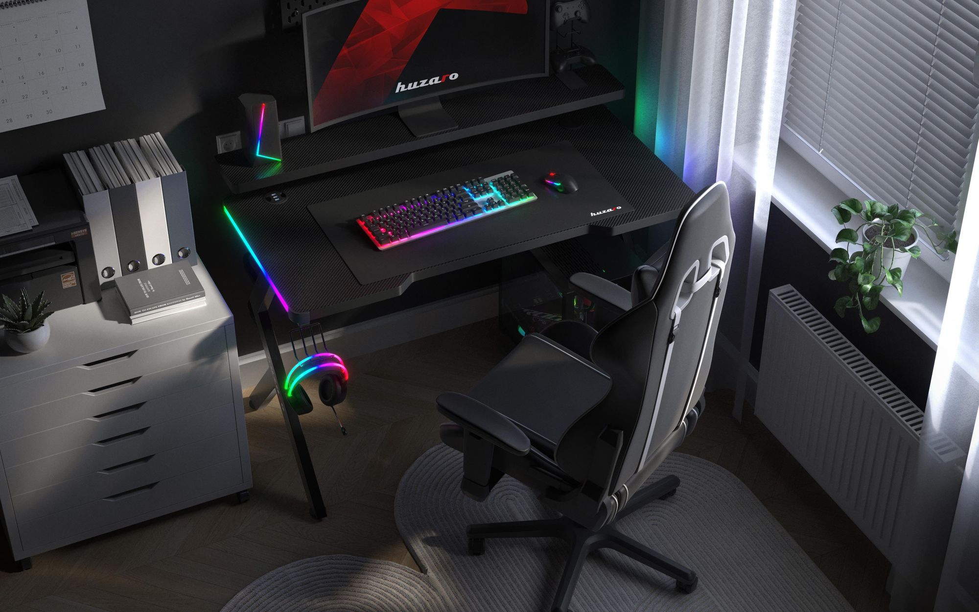 huzaro Hero 5.0 | RGB LED Gaming Schreibtisch Computertisch Bürotisch | Arbeitszimmer Gamer | Monitorständer Carbon Tischplatte | 120 x 60 | Schwarz