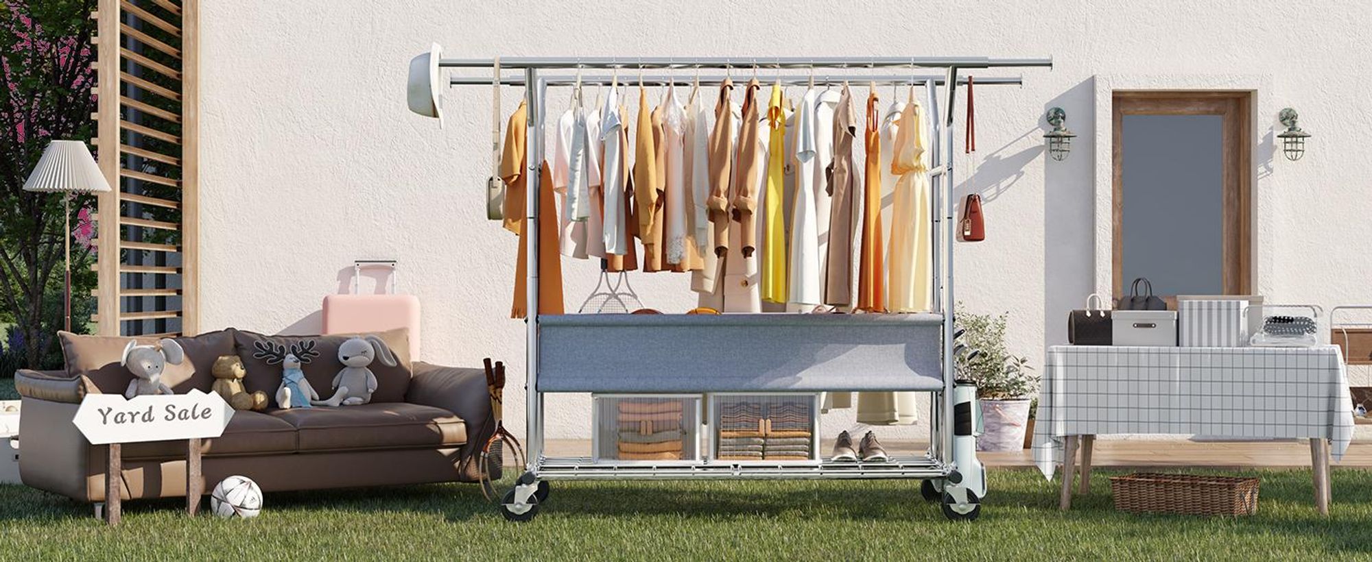 HOKEEPER Schwerlast Kleiderständer auf Rollen, Doppelter Kleiderstange,bis 283 kg belastbar,Industrie-Design, Garderobenständer