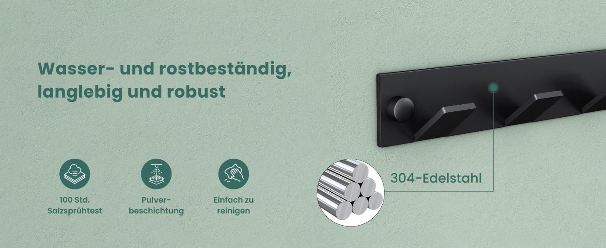 Mai & Mai Kleiderhaken Wandgarderobe Wandhaken aus Edelstahl mit 5 Haken Garderobenleiste Garderobenhaken 30cm Matt schwarz Stalo-03