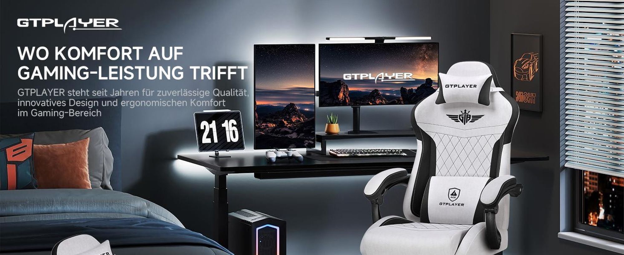 GTPLAYER Gaming Stuhl, Ergonomischer Gamer Stuhl aus Stoff mit Lendenwirbelstütze, PC-Stuhl mit verbreiterter Rückenlehne, Belastbar 150 kg, Grau