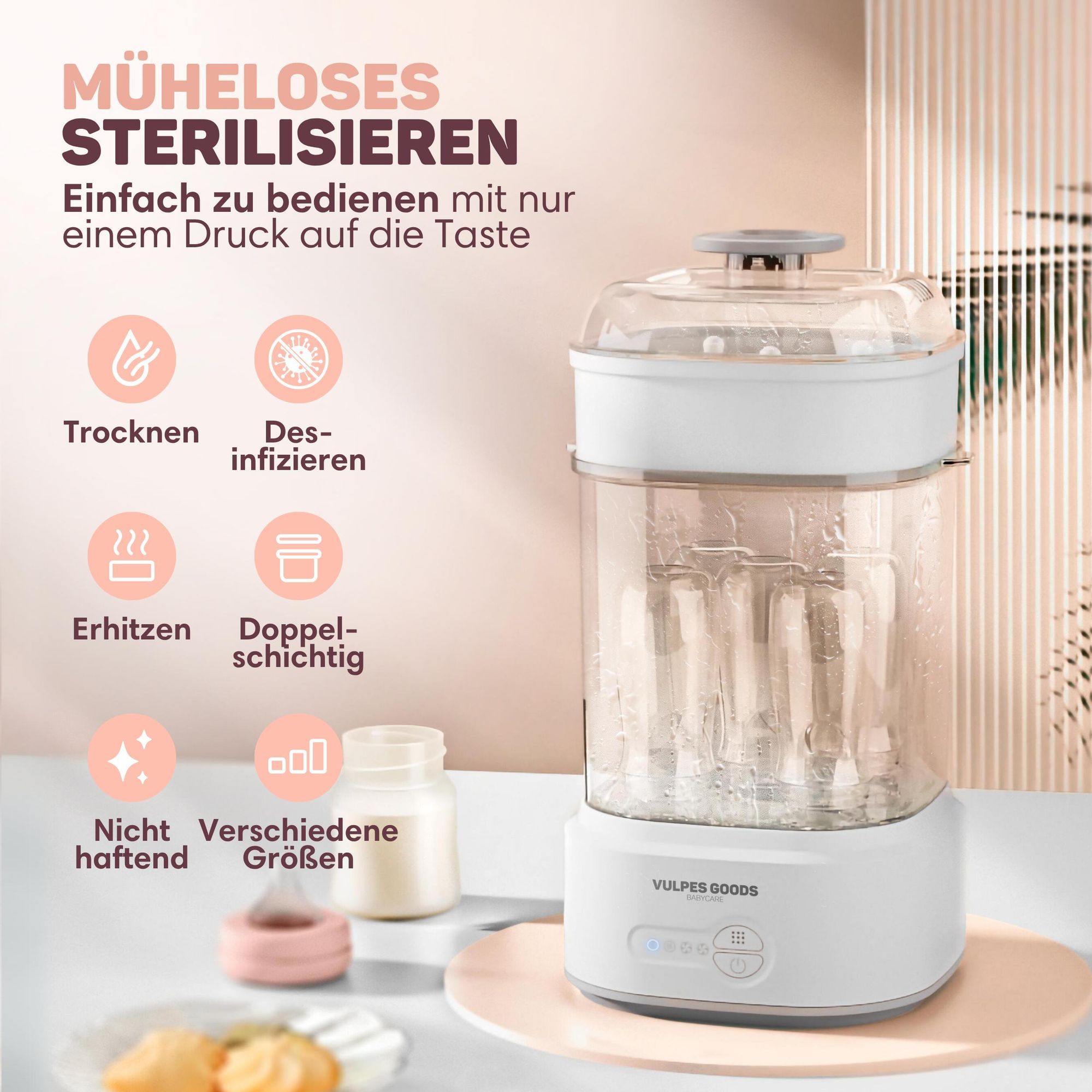 Vulpes Goods PRO Sterilisator für Babyflaschen 5-in-1 Komplettfunktion, Flaschensterilisator Baby Reinigungsset mit Dampftechnologie