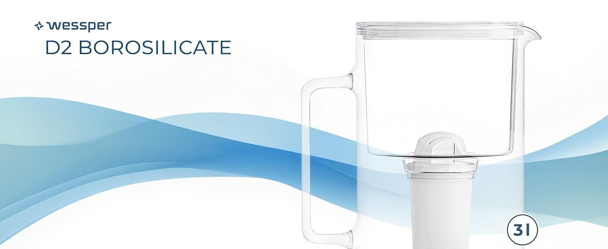 Wessper D2 BOROSILICATE Wasserfilterkanne 3 L Weiß – Glasfilterkanne mit 4 AquaClassic Filter, BPA-frei