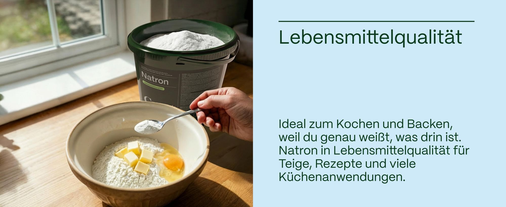 Schüssel mit <b>Mehl</b>, <b>Butter</b> und <b>Ei</b> sowie Natron in Lebensmittelqualität.