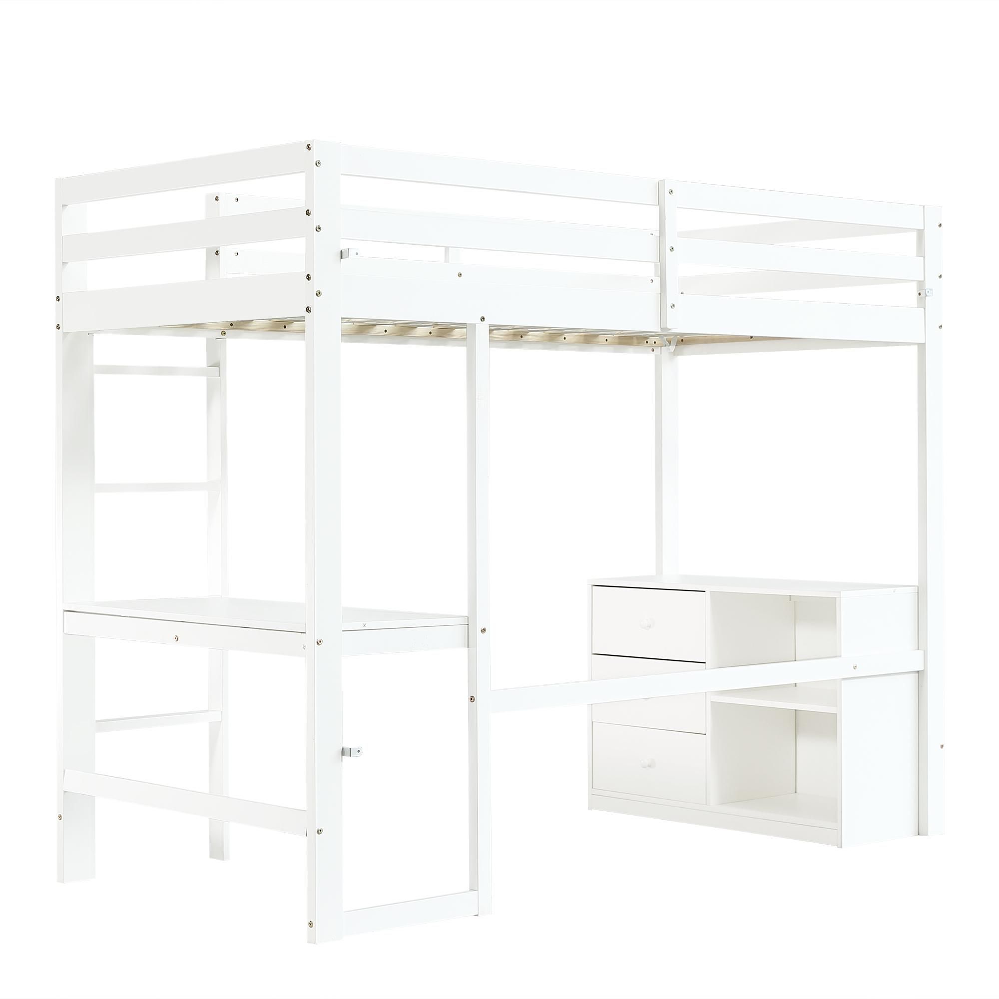 Flieks Etagenbett 90x200cm mit Schreibtisch, Hochbett mit Schrank und Schubladen, Kinderbett Einzelbett mit Leiter und Rausfallschutz, Weiß