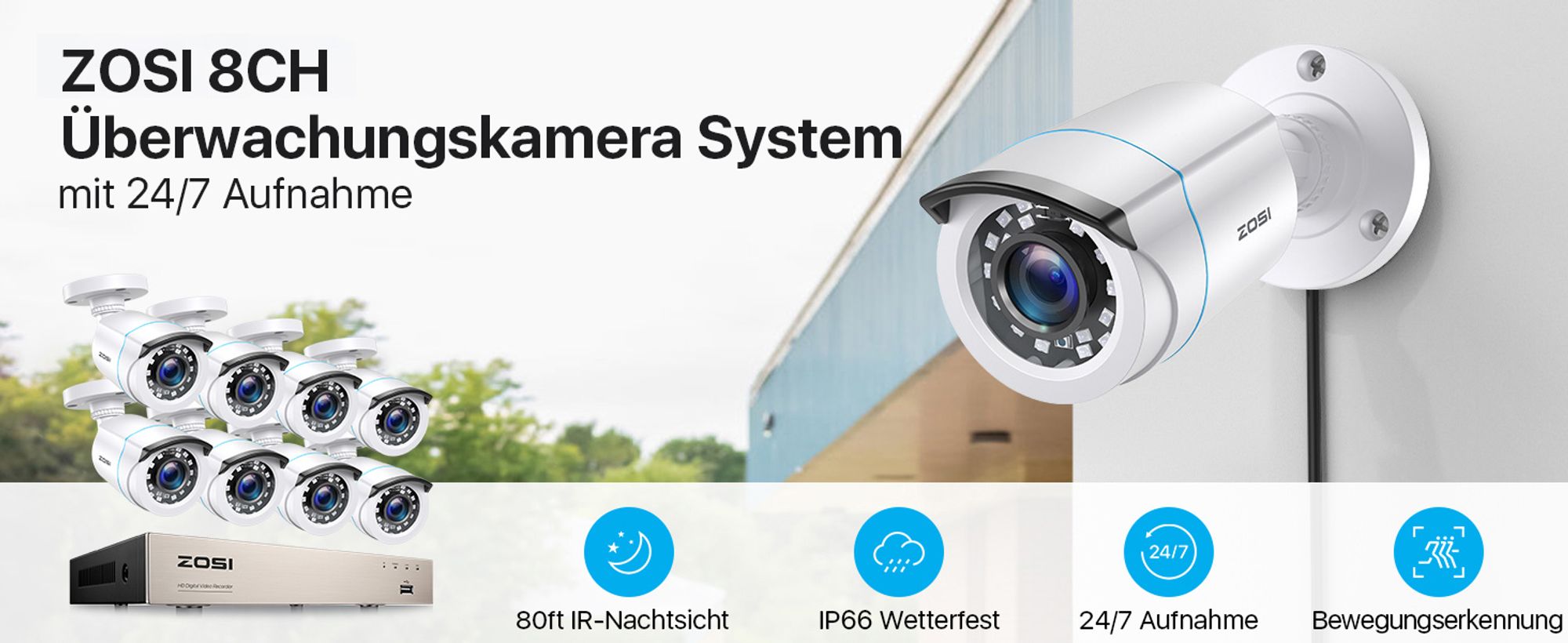 ZOSI 8CH H.265+ Full HD 1080p DVR Überwachungsset mit 8 Außen 2MP Video Überwachungskamera System ohne Festplatte