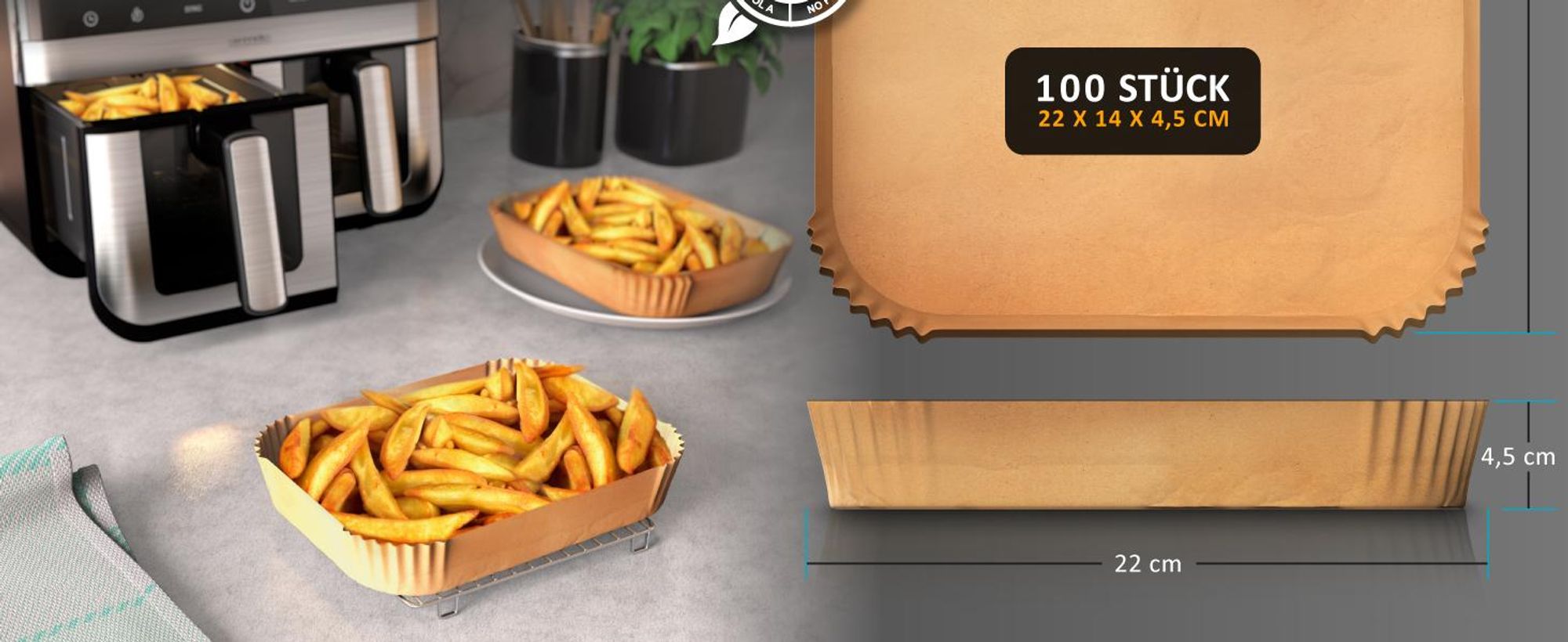 Arendo Backpapier für Heißluftfritteuse, rechteckig, 4,5 - 10 L, 22 x 14 x 4,5 cm, antihaft, ungebleicht, für Ninja Airfryer AF300EU & AF400EU, 100 Stück