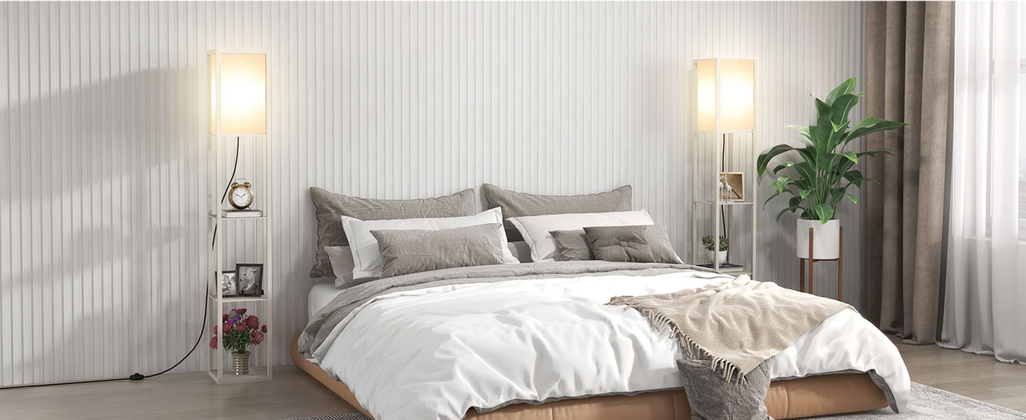 HOMCOM Stehleuchte Beleuchtung mit 3 Regalen E27 bis 40W E1-MDF Eiche+Weiß