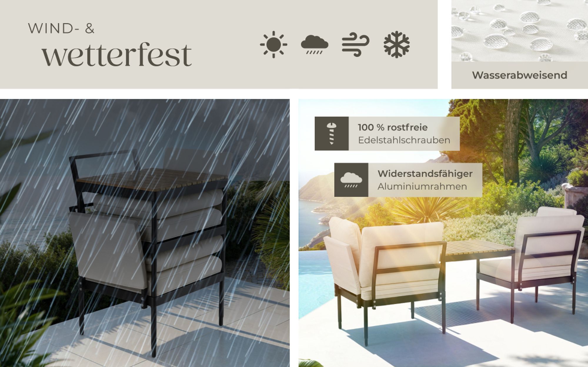 tectake® Aluminium Gartenlounge-Set Magaluf 5 in 1 Funktion, 5-fach verstellbare Lehne, dicke Polsterung