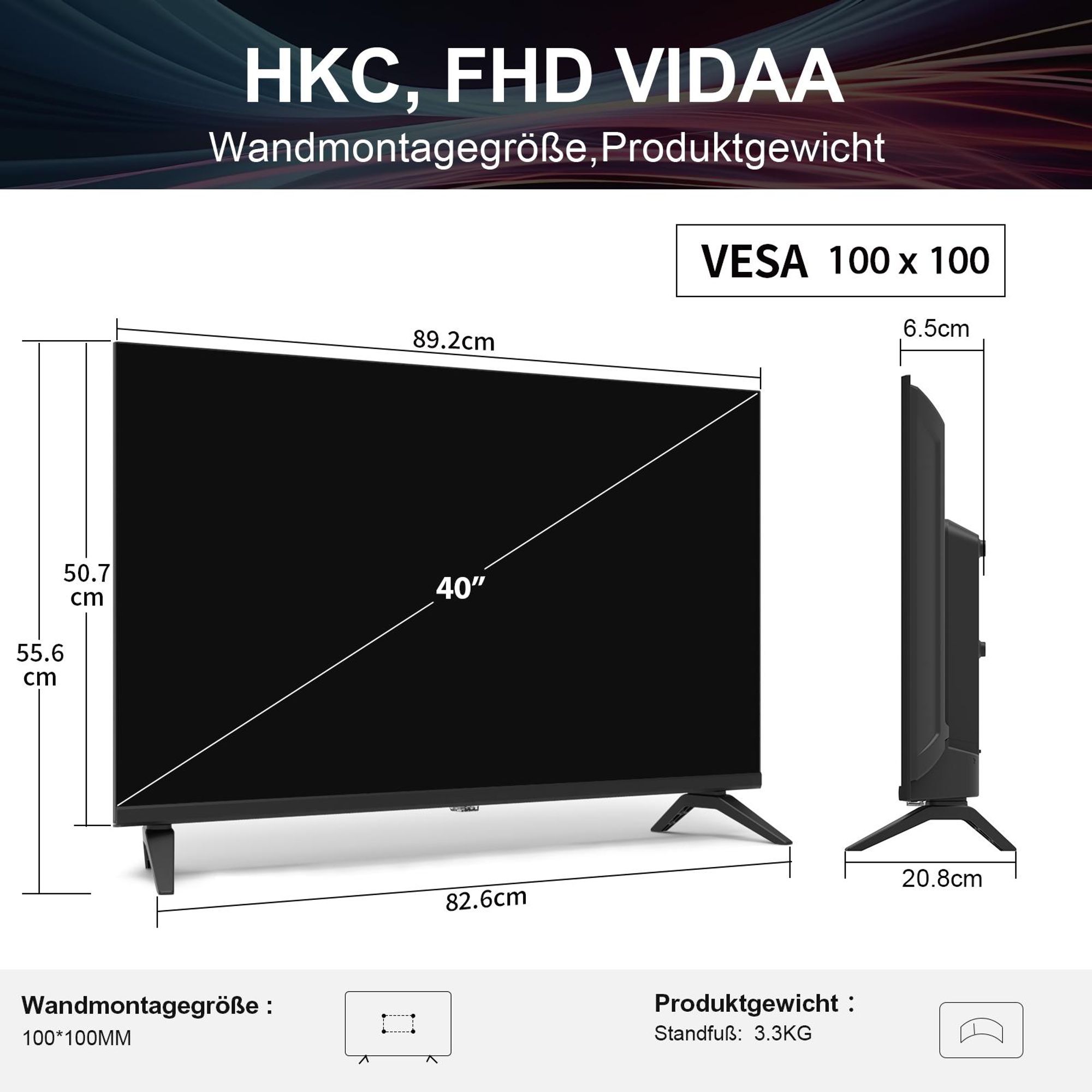 HKC VIDAA Smart TV - LED Full HD - 40 Zoll/102 cm - AirPlay & Hotelmodus - HDMI x3, USB x2, CI+ - Tripple Tuner DVB-T/T2/S/S2/C - Randlos Design - Montiert in Eindhoven, Niederlande - H40Q1F-V