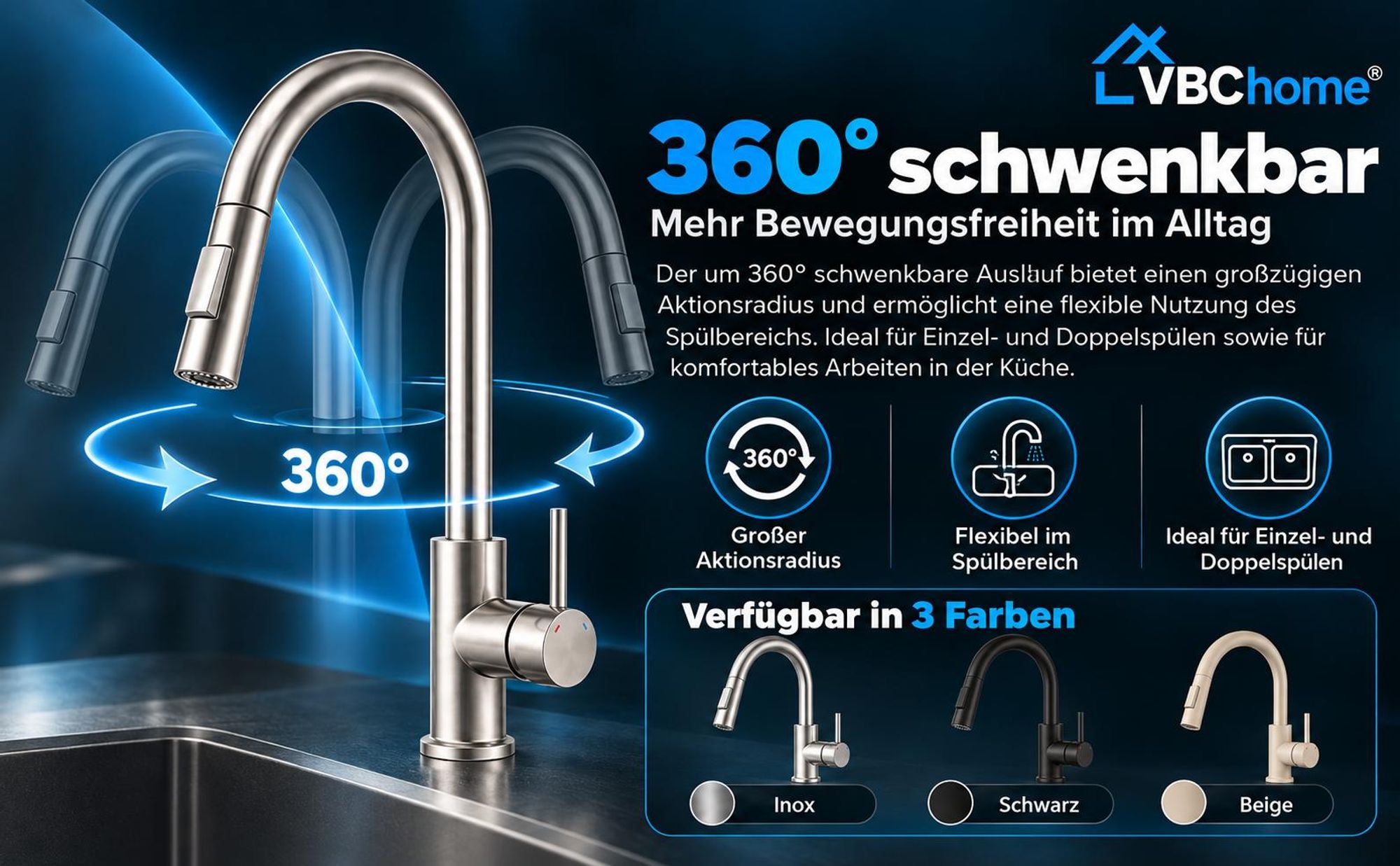 VBChome Küchenarmatur Beige mit ausziehbarer Brause 360° schwenkbar 2 Strahlarten Keramikkartusche Einhebelmischer Höhe 400 mm