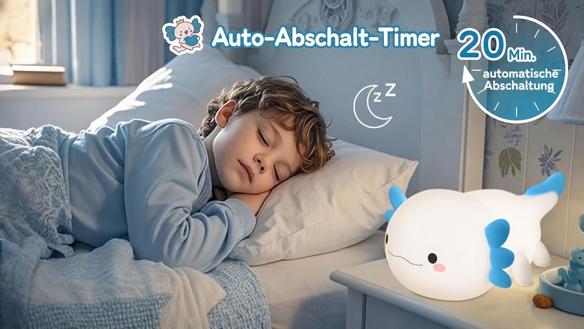 LED Axolotl Nachtlicht,Verstellbares Silikon -Nachtlicht,USB -Ladebett -Nachttischlampen,Berührungssteuerung,Geschenk mit Timer,Babyzimmerdekor,Blau