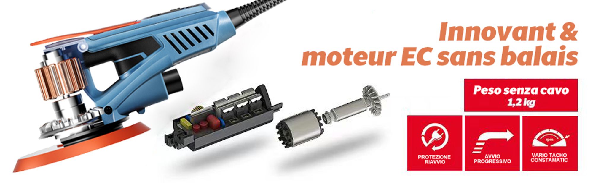 Bürstenloser Exzenterschleifer, 5mm Hub, 150mm Klett-Schleifteller, 350W Bürstenloser EC-Motor, 15x Schleifpapier, Tragkoffer FANZWORK