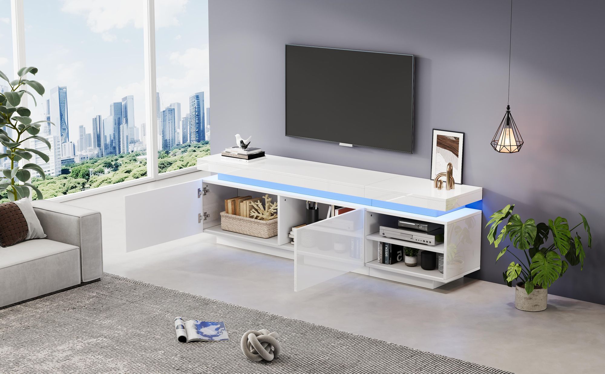 Hochglanz TV-Lowboard mit LED-Beleuchtung für Fernseher bis 70 Zoll
