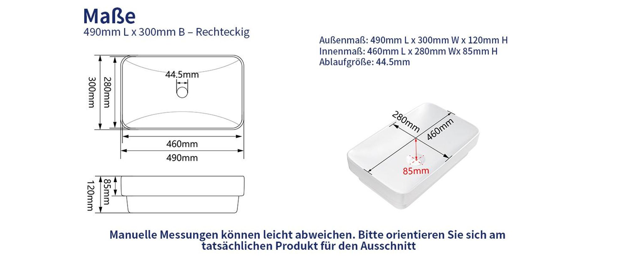 Aufsatzwaschbecken Rechteckig 49x30cm Weiß Keramik – Halbeinbau Waschbecken ohne Hahnloch, 44,5 mm Standardabfluss für Waschtisch & Badezimmer