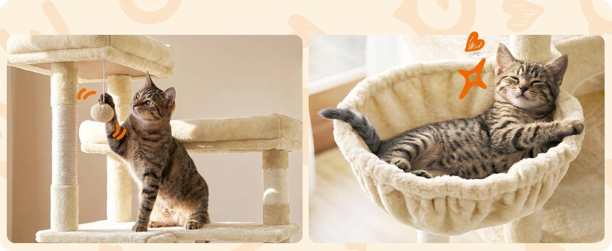 FEANDREA Kletterbaum für Katzen, extra groß, stabiler Katzenkratzbaum mit Kratzsäulen, Plüsch, für große Katzen, beige