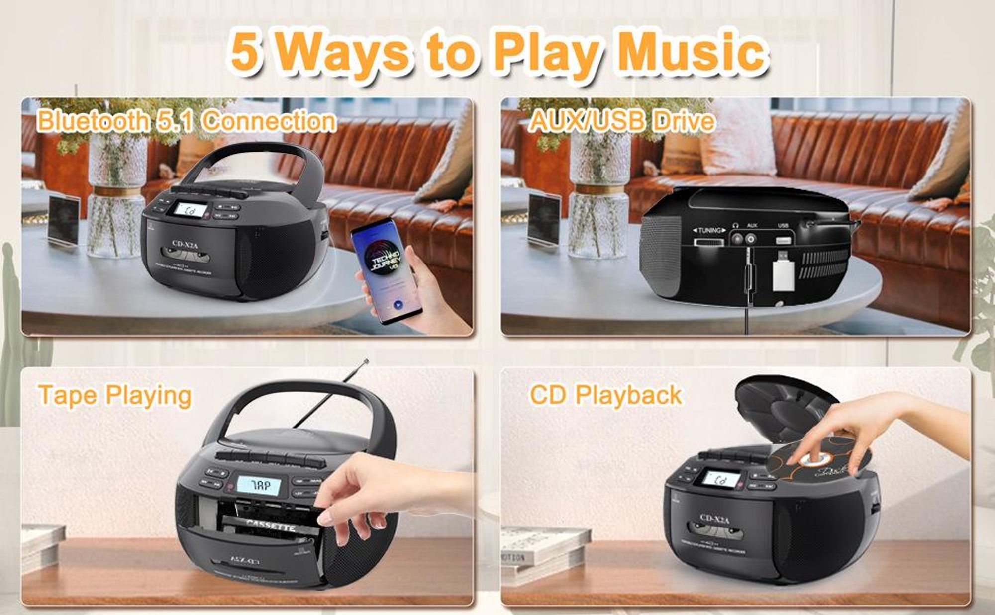 ZELURXX Tragbarer CD-Kassettenrekorder Boombox mit Bluetooth 5,1, USB/AUX, AM/FM Radio, Aufnahmefunktion, Fernbedienung, Schwarz