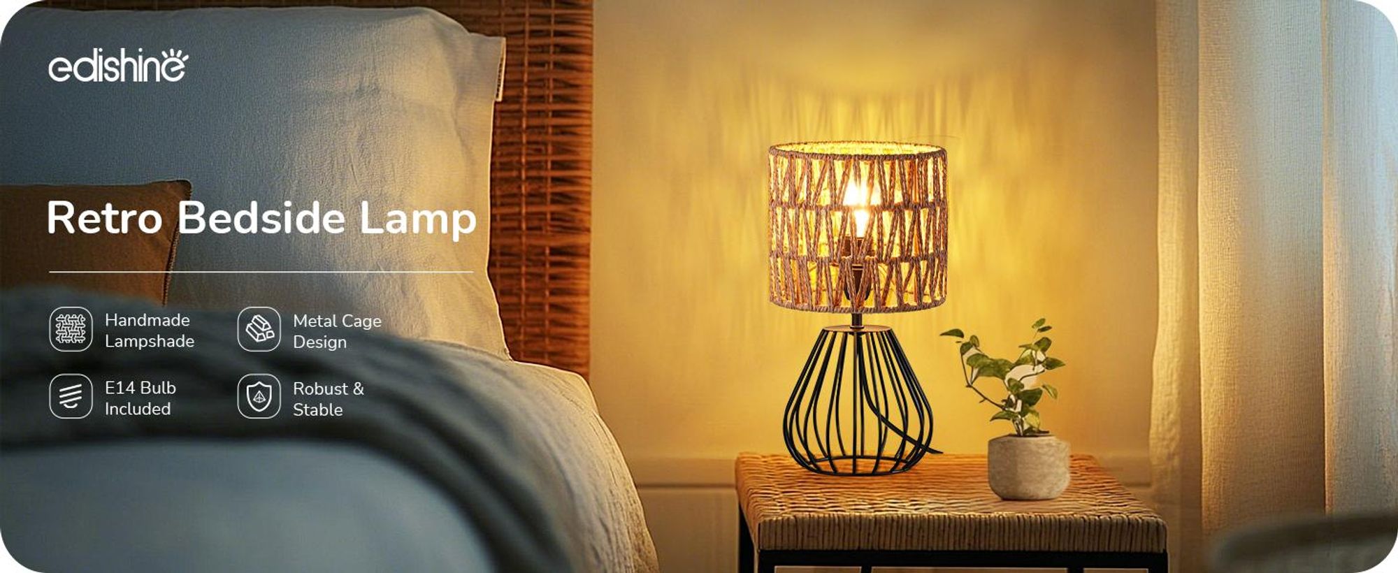 EDISHINE Tischlampe Wohnzimmer, Nachttischlampe Vintage inkl. 4W LED-Leuchtmittel, für Schlafzimmer, 29 cm, Schwarz