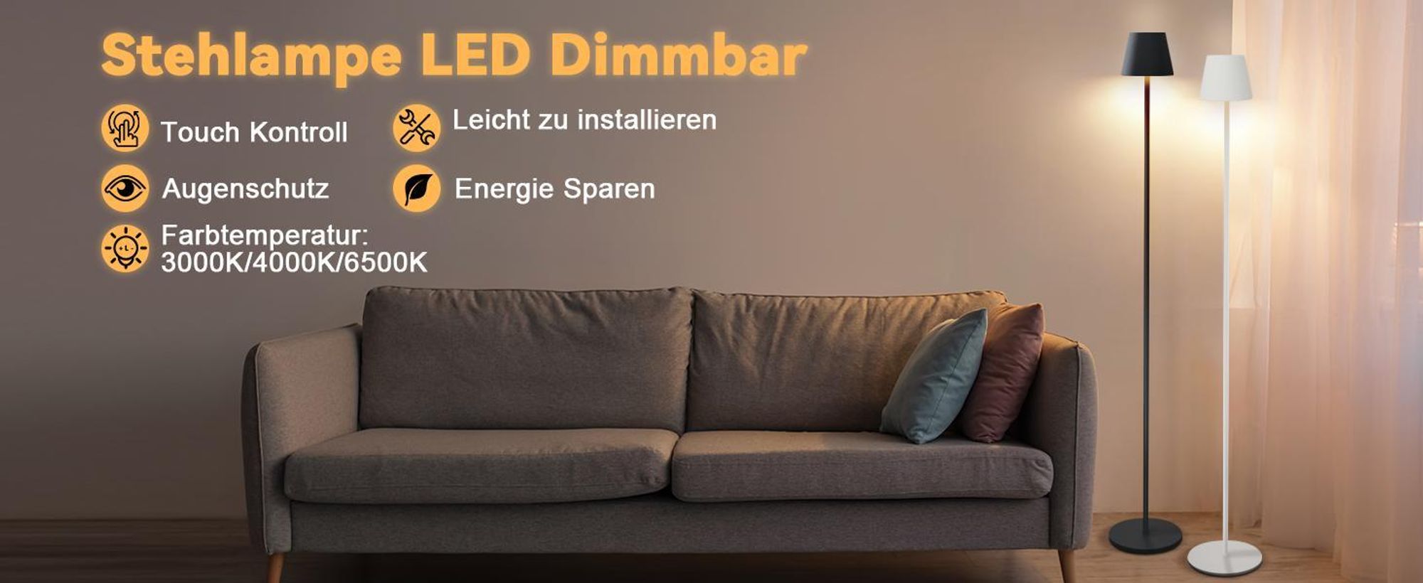 ZMH Stehlampe Wohnzimmer LED Dimmbar Stehleuchte Schwarz Standleuchte Modern USB Akku Stehlampe Lampe mit 3 Farbtemperaturen für Schlafzimmer Arbeitszimmer und Büro 125 cm