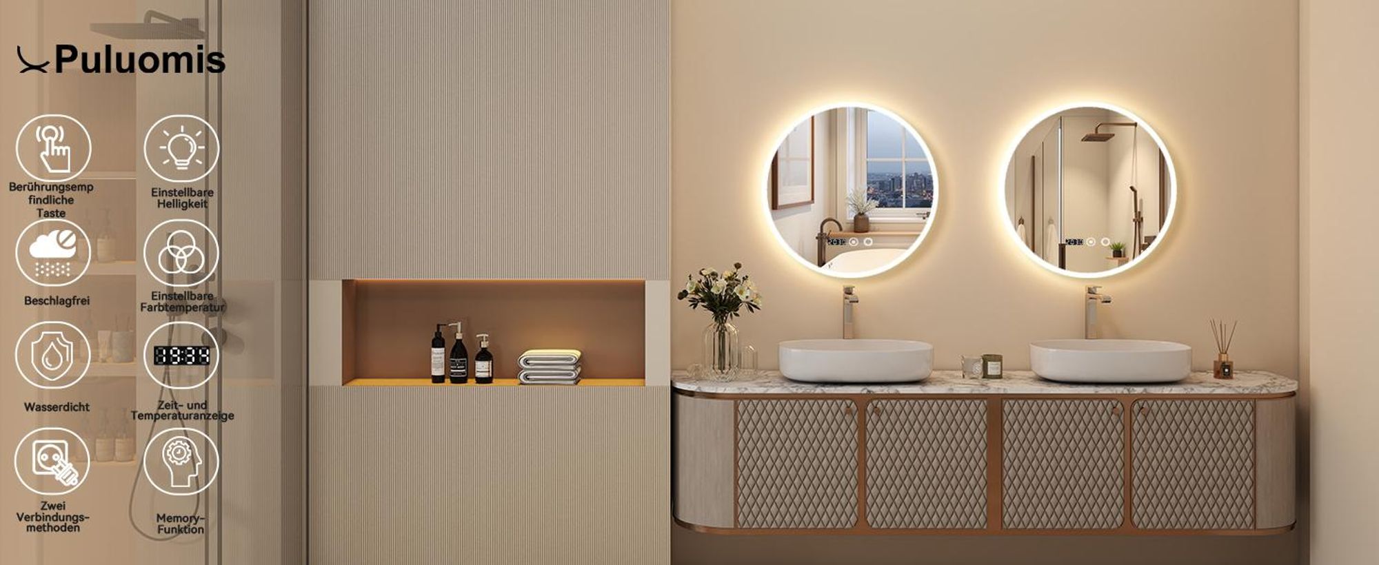 Puluomis Badspiegel beschlagfrei 50cm mit Uhr Temperatur, 3 Farbe dimmbare Helligkeit LED Beleuchtung,Badezimmerspiegel 6500k spritzwassergeschützt