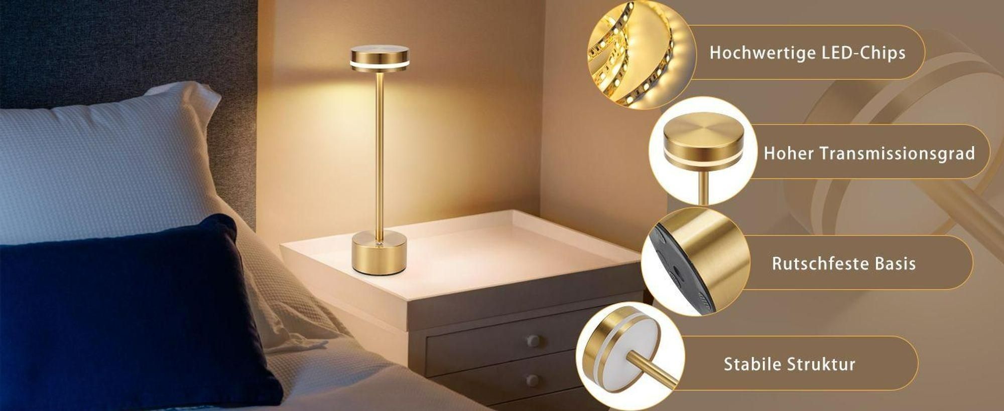 Kabellose Tischlampe, tragbar, wiederaufladbar, Nachttischlampe, Touch, stufenlos, dimmbar, Schreibtischlampe, für Zuhause, Schlafzimmer, Hotel, Resta