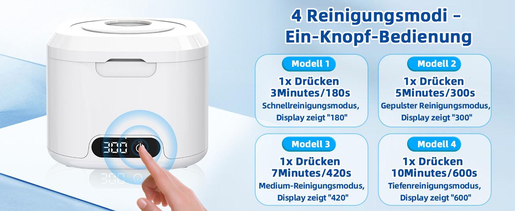 Ultraschallreiniger, Ultraschallreinigungsgerät, 50000Hz Ultrasonic Cleaner, 340ML Ultraschallgerät mit 6 UV-Licht & 4 Modes, für Zahnersatz, Retainer