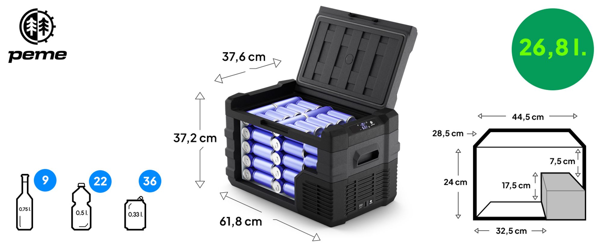 Chladicí box PEME Quest 30 s kompresorem, 27 l – autochladnička 12 V, 24 V, 230 V, elektrická mraznička pro nákladní a osobní automobily, chladnička na kempování, aplikace, USB, osvětlení, -20 °C