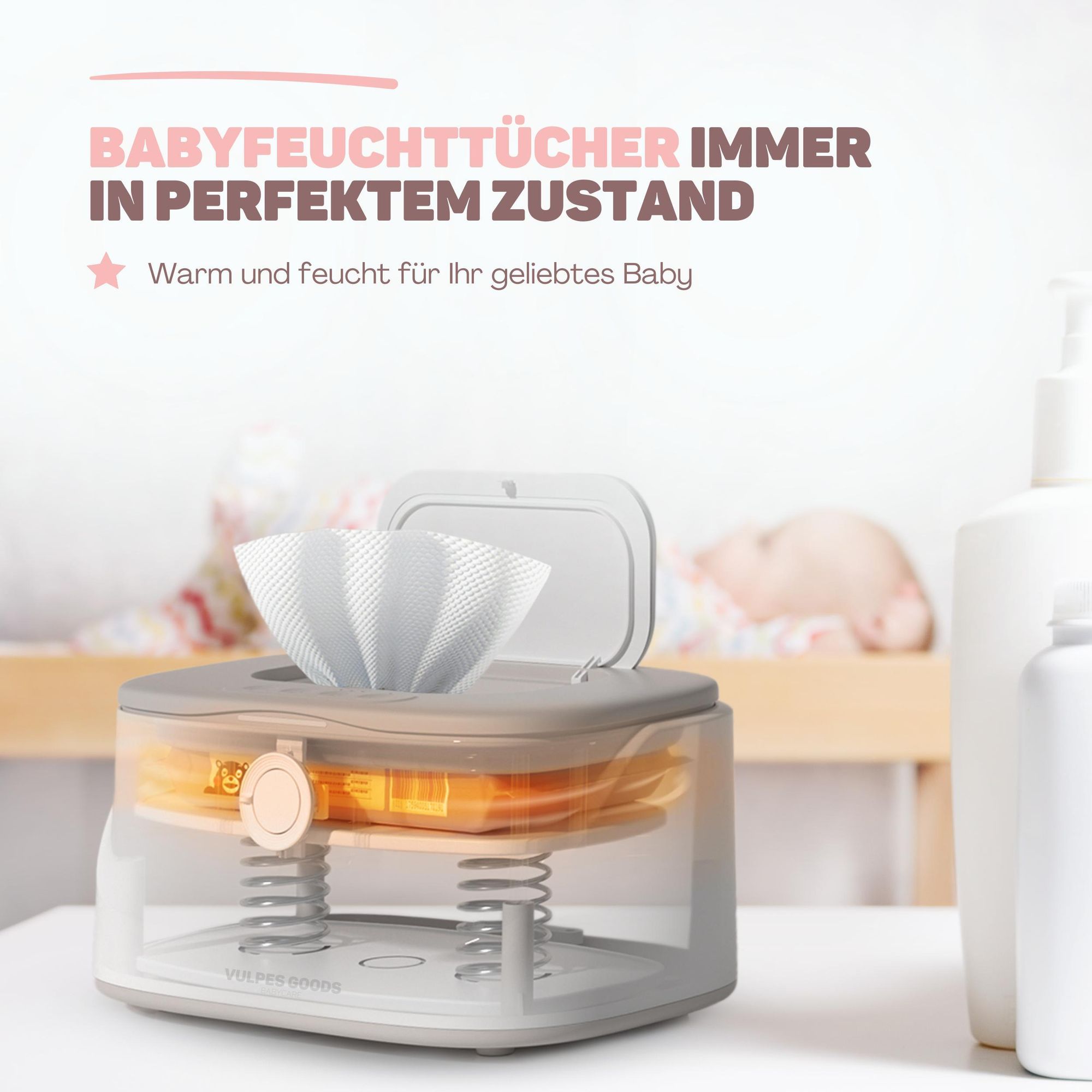 Vulpes Goods Feuchttücherwärmer, Feuchttücherbox, 3 Wärmestufen & schnelle Erwärmung, Konstante Temperatur, Nachtlichtfunktion